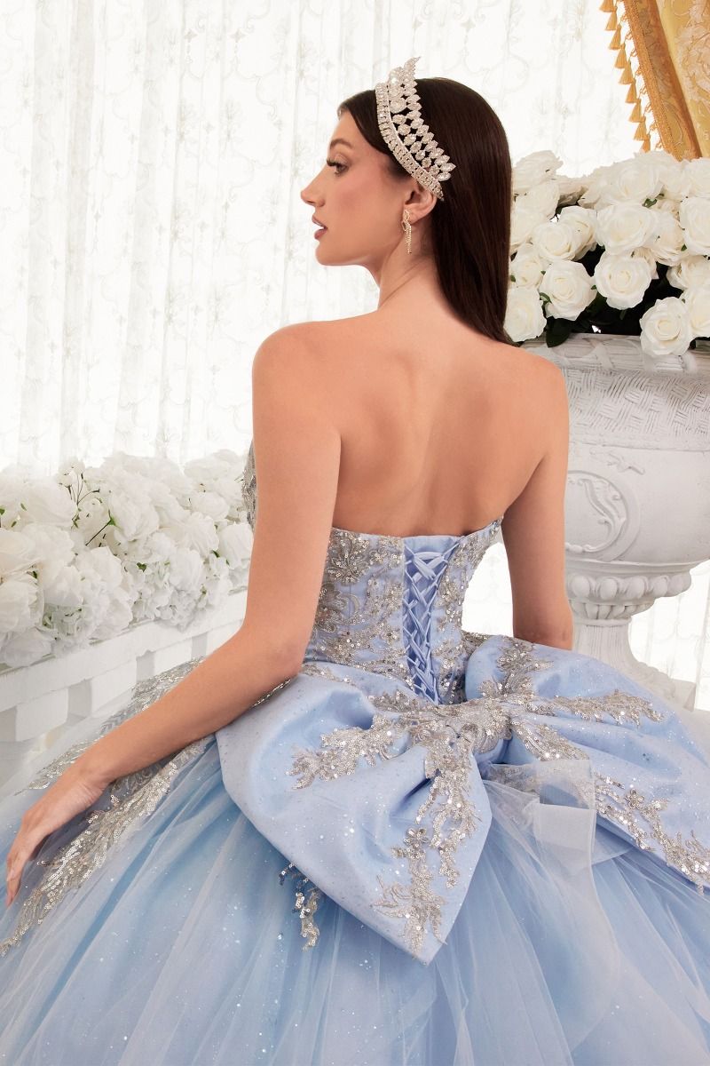 MARISTELLA strapless quinceañera gown with glitter tulle and lace bodice, featuring a large bow back detail. Brisbane to Gold Coast.