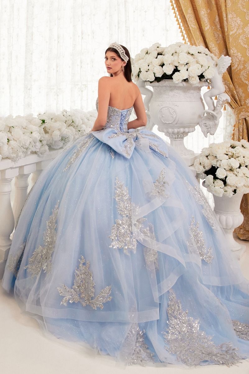 MARISTELLA Quinceañera gown with glitter tulle and applique, showing a strapless sweetheart style. Brisbane to Gold Coast.