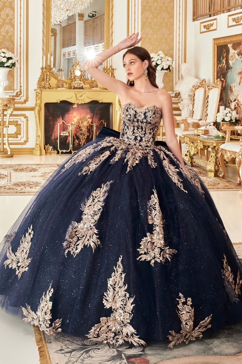 MARISTELLA Strapless Glitter Tulle Applique Quinceañera Ball Gown features a lace bodice and full silhouette. Brisbane to Gold Coast.