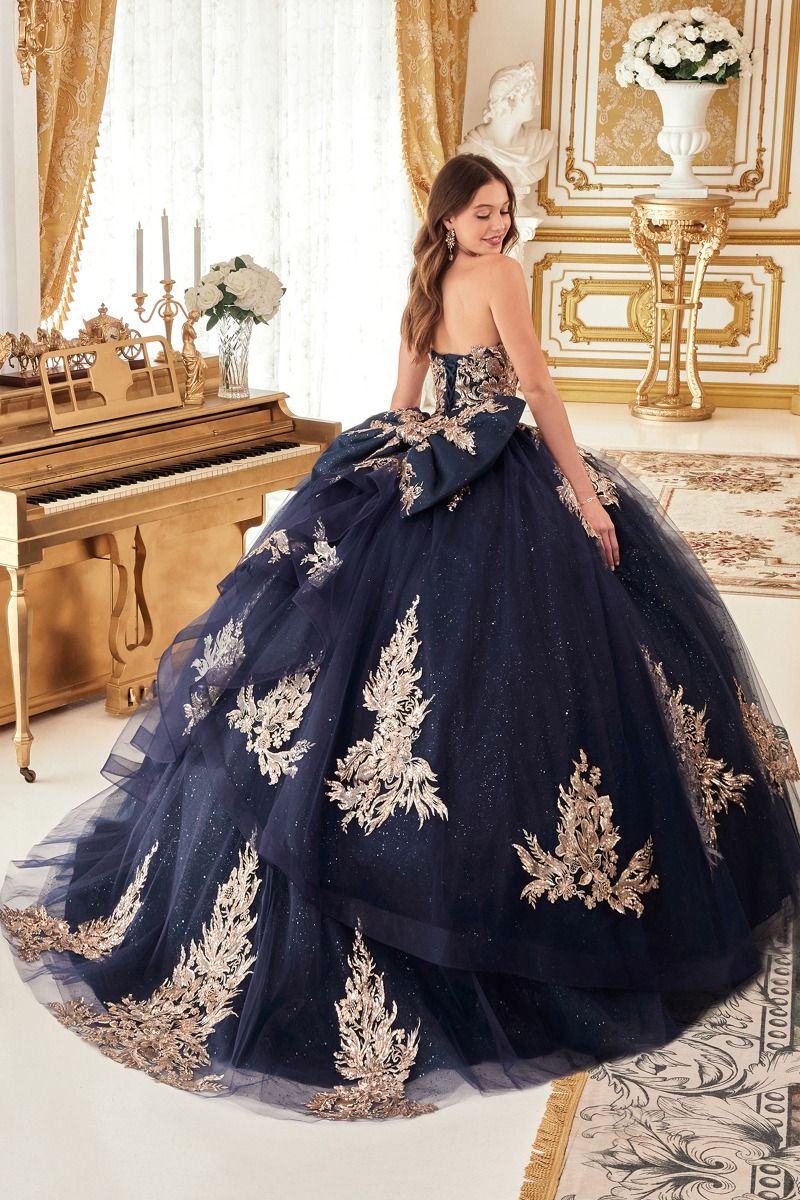 MARISTELLA Strapless glitter applique quinceañera dress with lace bodice, full ball gown silhouette. Brisbane to Gold Coast.