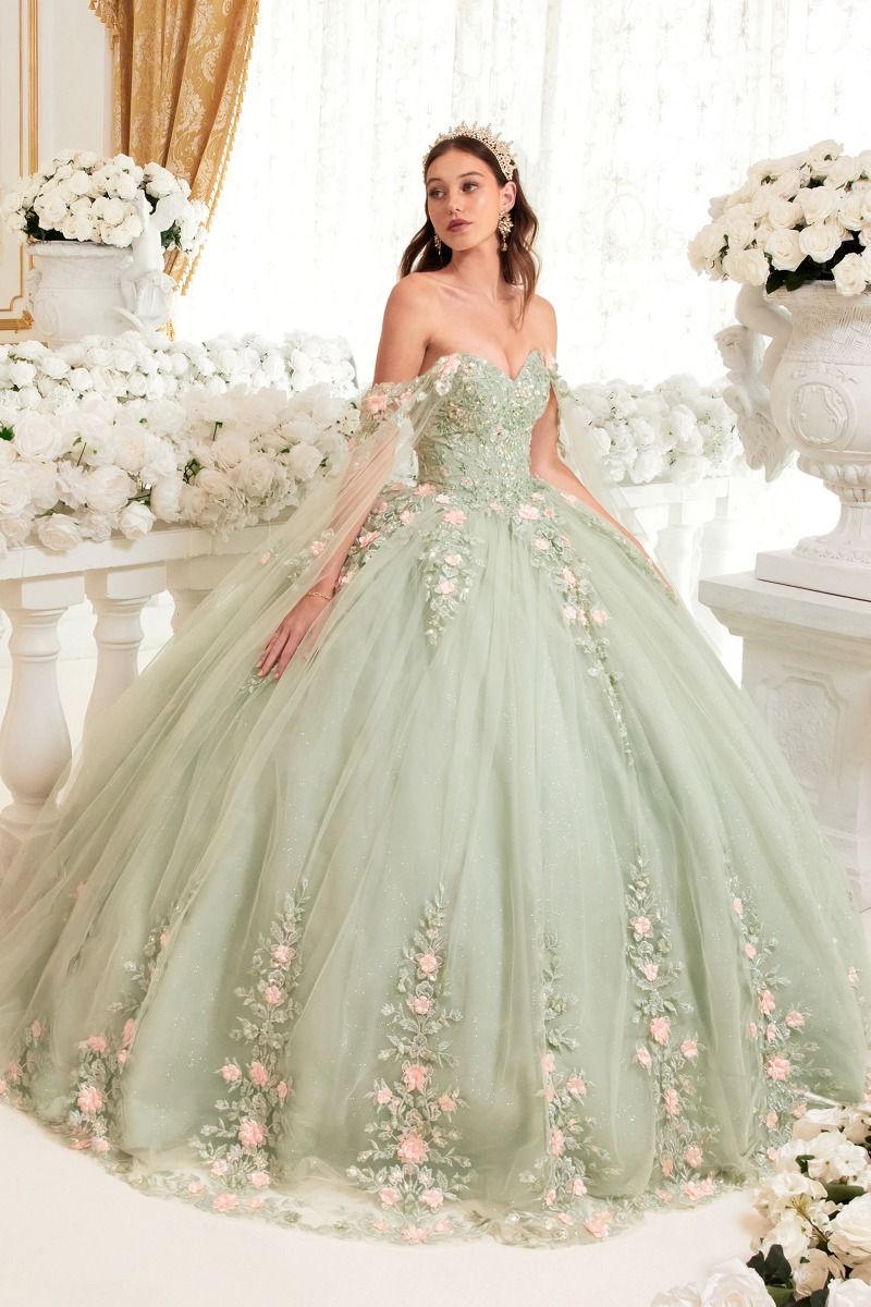 ROSELINA Off Shoulder tulle sleeve gown with floral lace appliques, quinceañera dress, elegant sage hue. Brisbane to Gold Coast.