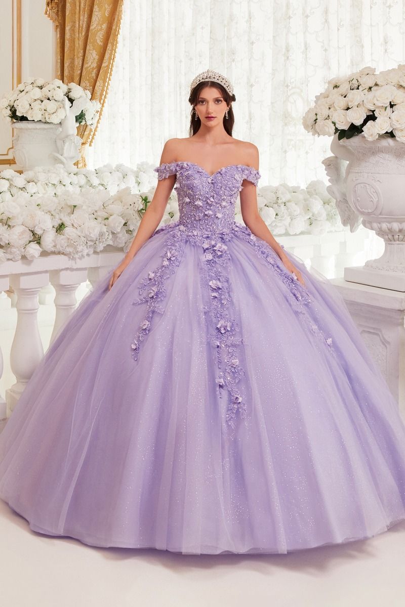 ARACELY Off Shoulder Corset Beaded quinceañera dress with floral tulle skirt. Stunning lavender ball gown. Brisbane to Gold Coast.