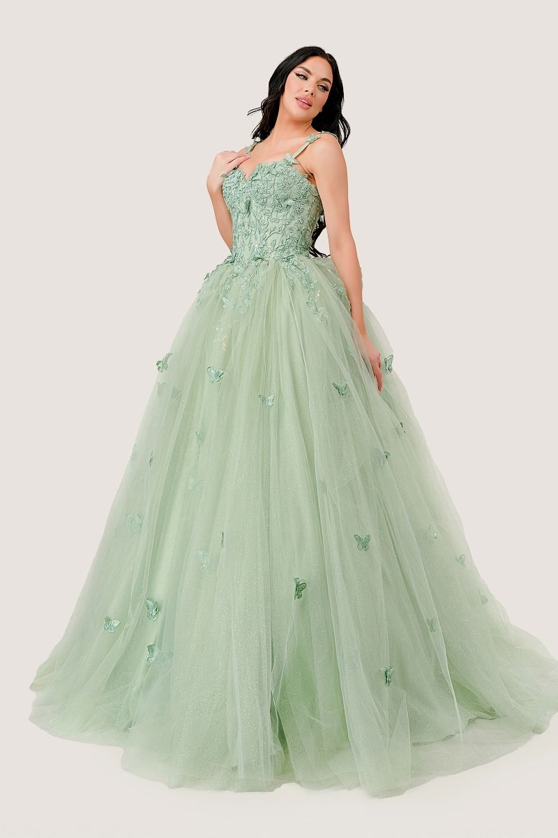 VIVIETTE Butterfly Bow Applique QUINCEAÑERA Ball Gown with lace bodice and butterfly details. Brisbane to Gold Coast, Australia.