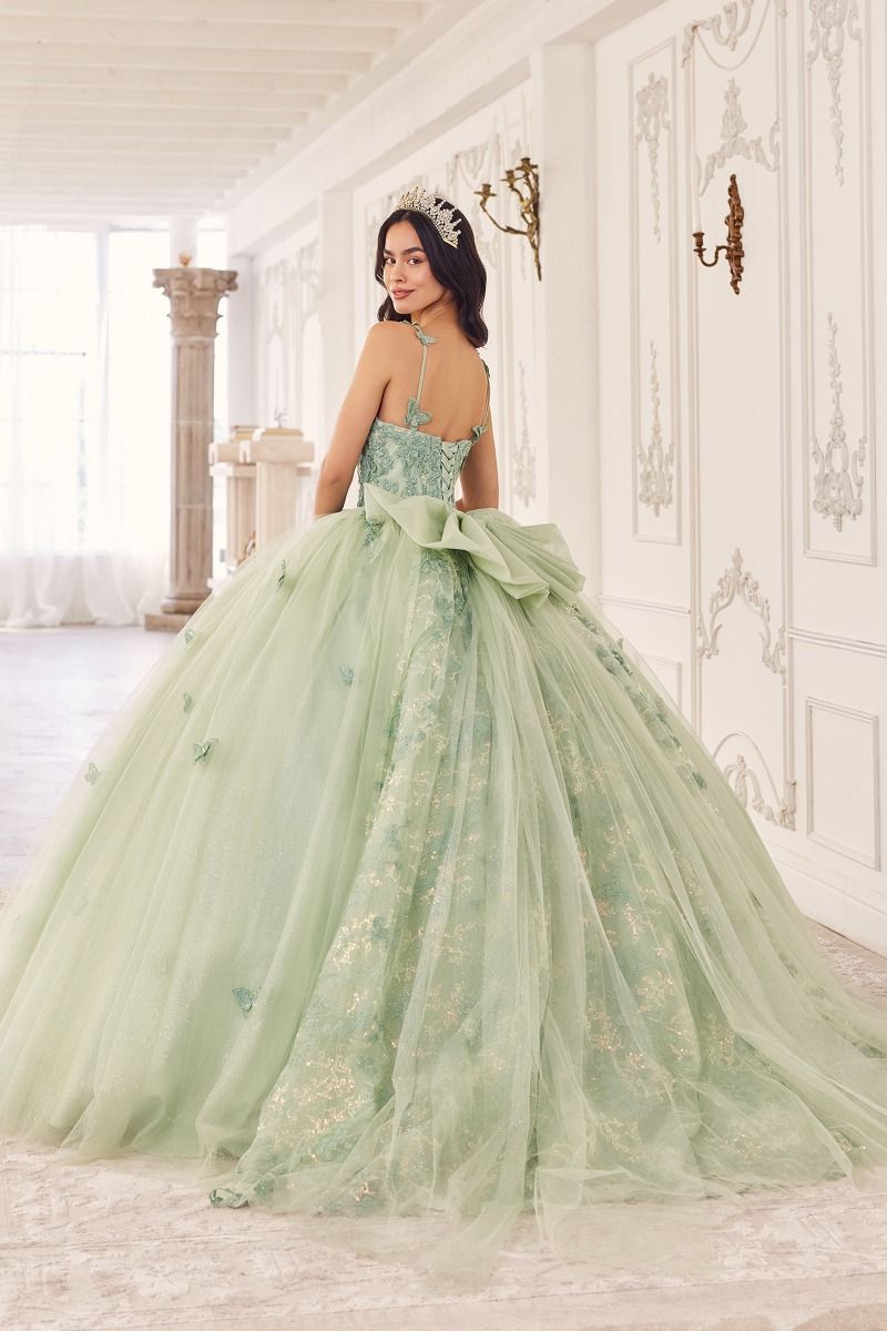 VIVIETTE Butterfly Bow Applique QUINCEAÑERA Ball Gown Dress with lace bodice and butterfly straps. Brisbane to Gold Coast.