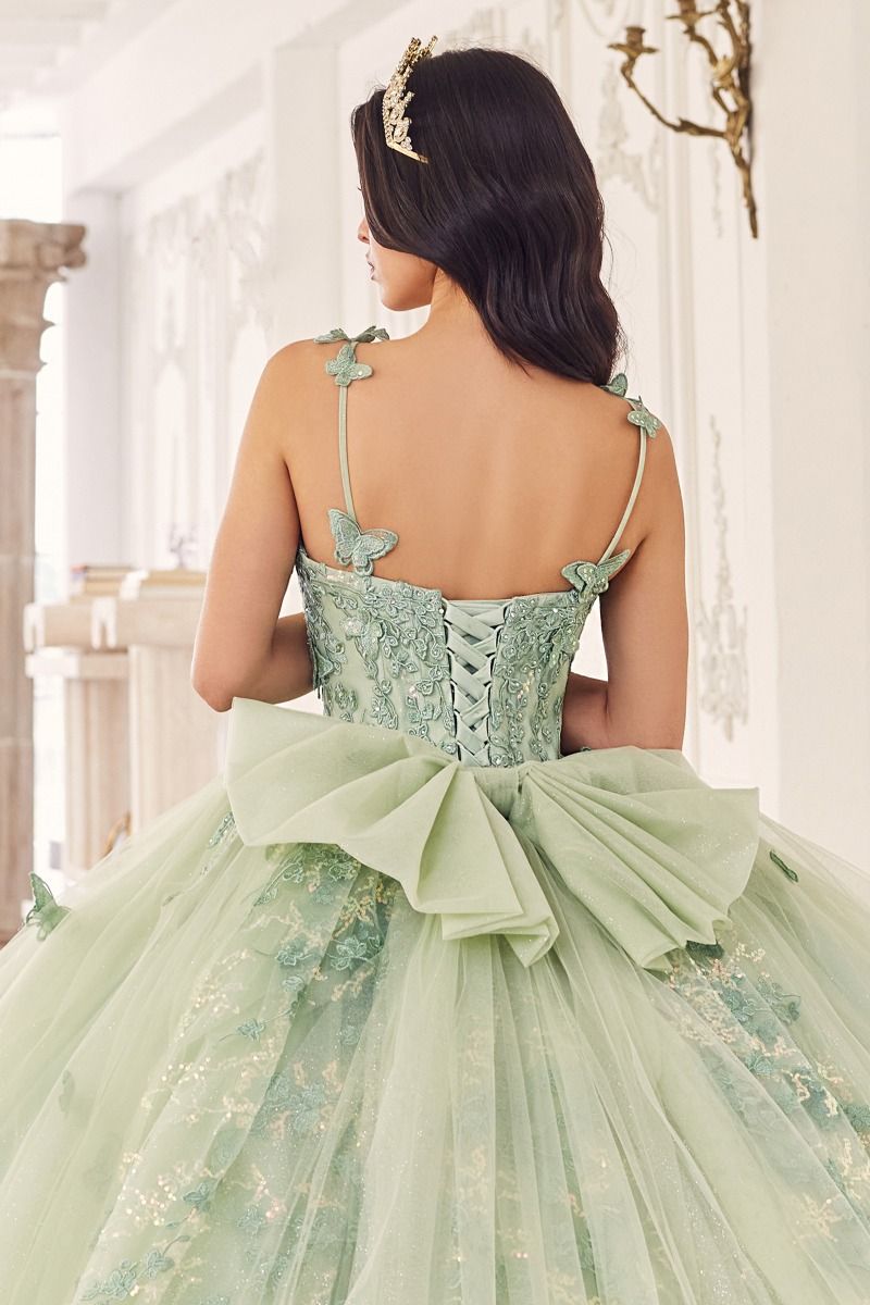 VIVIETTE Butterfly Bow Applique QUINCEAÑERA Ball Gown with lace applique bodice and butterfly straps. Brisbane to Gold Coast.