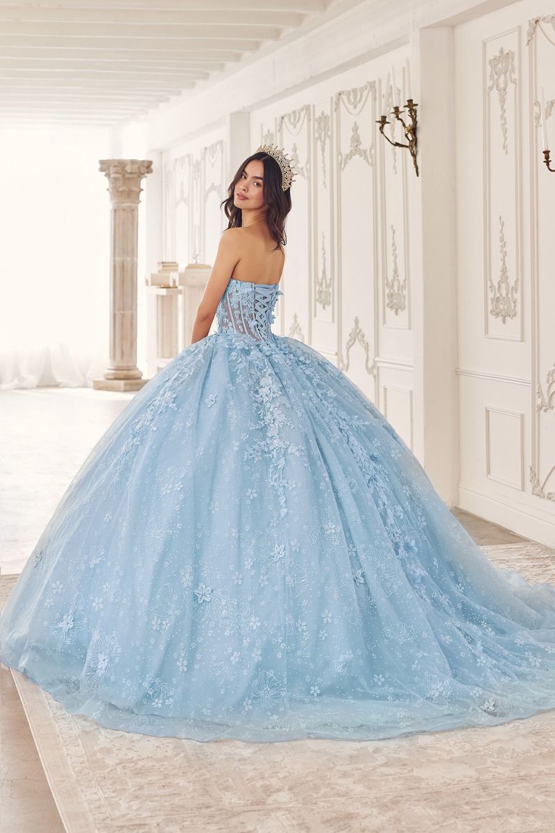 AZALINA sheer capelet floral applique quinceañera ball gown with lace bodice, strapless design. Brisbane to Gold Coast.