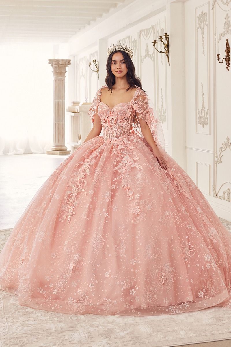 AZALINA sheer capelet quinceañera ball gown with floral lace bodice for elegant celebrations. Brisbane to Gold Coast.