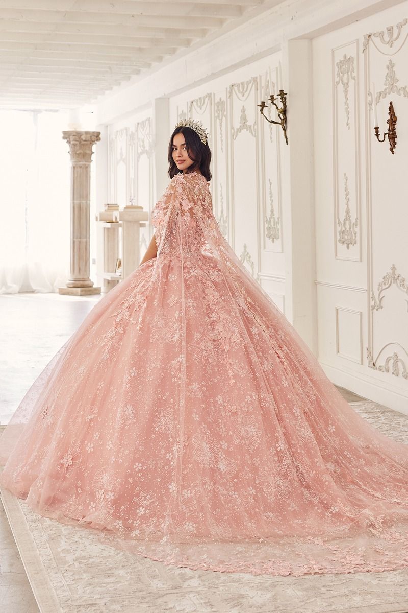 AZALINA sheer capelet floral applique quinceañera gown with layered tulle skirt, Brisbane to Gold Coast, Australia.