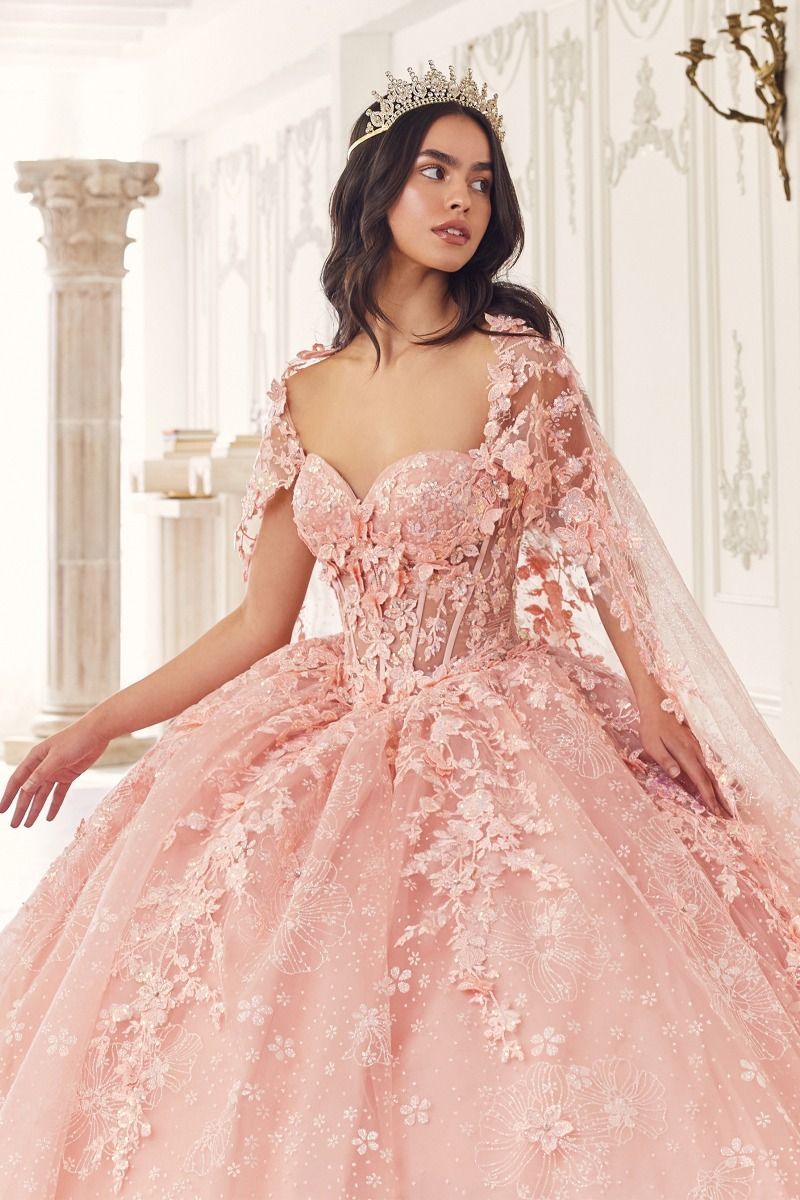 AZALINA sheer capelet gown with floral applique bodice, quinceañera ball dress. Brisbane to Gold Coast.