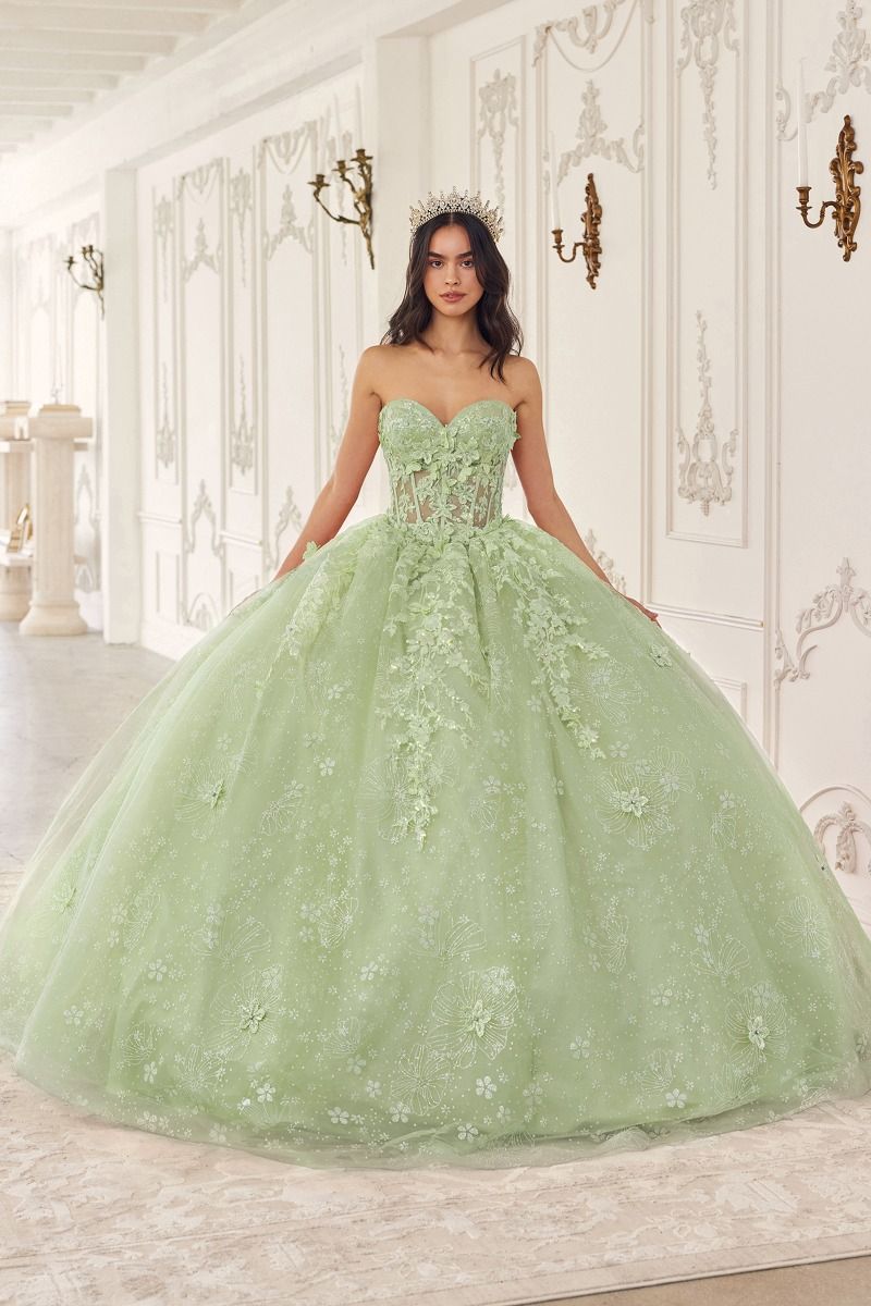 AZALINA Strapless green ball gown with floral lace applique bodice. Quinceañera dress Brisbane to Gold Coast, Australia.