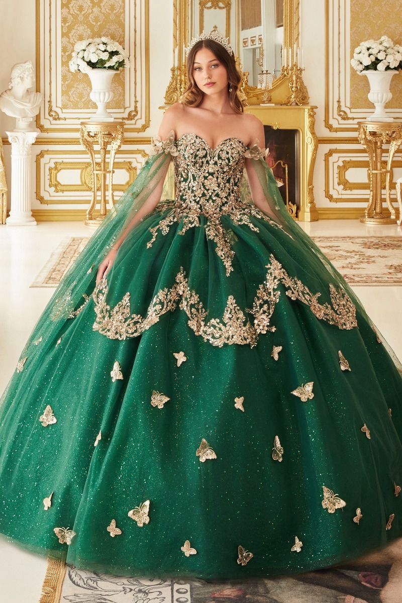 VIOLETTA emerald Quinceañera gown, gold lace bodice, glitter tulle skirt, off-shoulder design. Brisbane to Gold Coast, Australia.