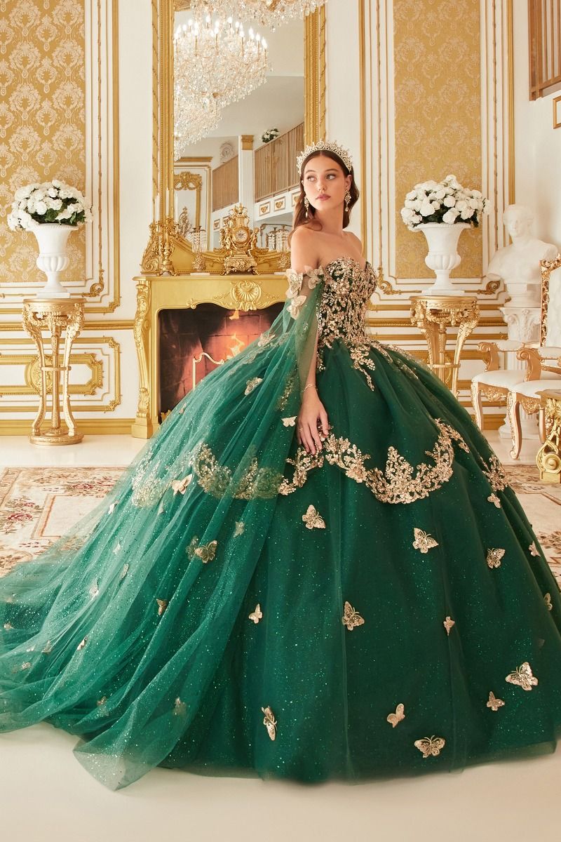 VIOLETTA off-shoulder emerald quinceañera dress with gold lace and glitter tulle skirt, Brisbane to Gold Coast, Australia.