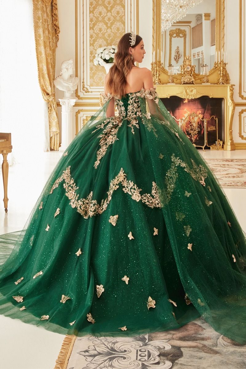 VIOLETTA Off Shoulder emerald ball gown with gold lace appliques, designed for quinceañera celebrations. Brisbane to Gold Coast, Australia.