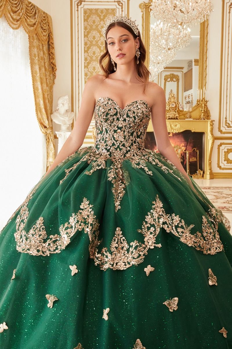 VIOLETTA off-shoulder emerald quinceañera gown with gold floral lace bodice, glitter tulle skirt. Brisbane to Gold Coast.