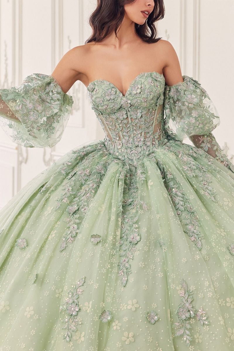 ELPHABA strapless quinceañera gown with floral lace appliques and voluminous tulle skirt, Brisbane to Gold Coast, Australia.