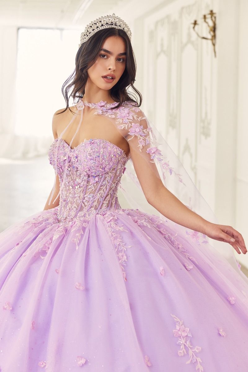 TATIESSA Strapless Lace Cape quinceañera ball gown with beaded floral bodice, layered tulle skirt. Brisbane to Gold Coast, Australia.