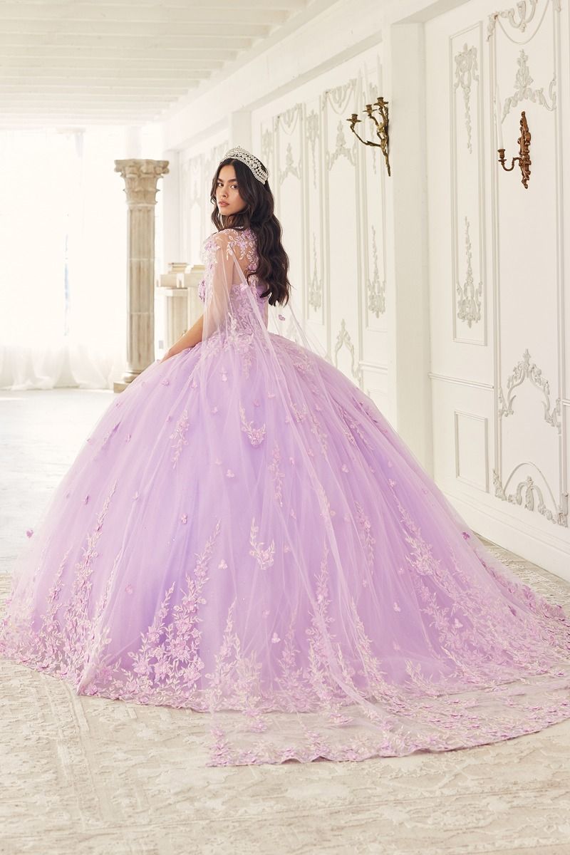 TATIESSA Strapless Lace Cape Quinceañera Ball Gown with beaded floral appliques, voluminous tulle skirt. Brisbane to Gold Coast.