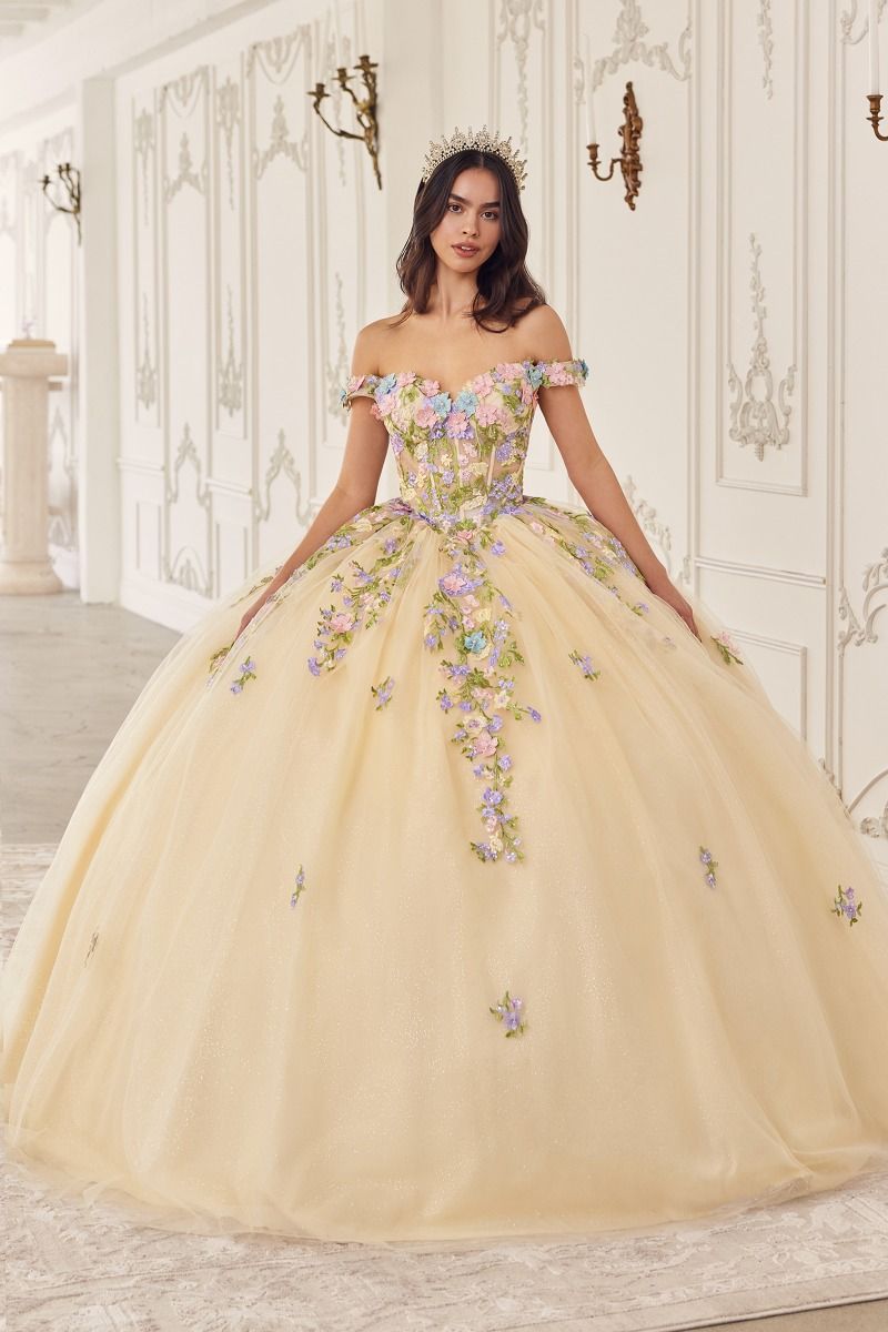 Alt Tag: SAPHIRELLE Sheer Capelet with floral appliques on a quinceañera ball gown, Brisbane to Gold Coast.