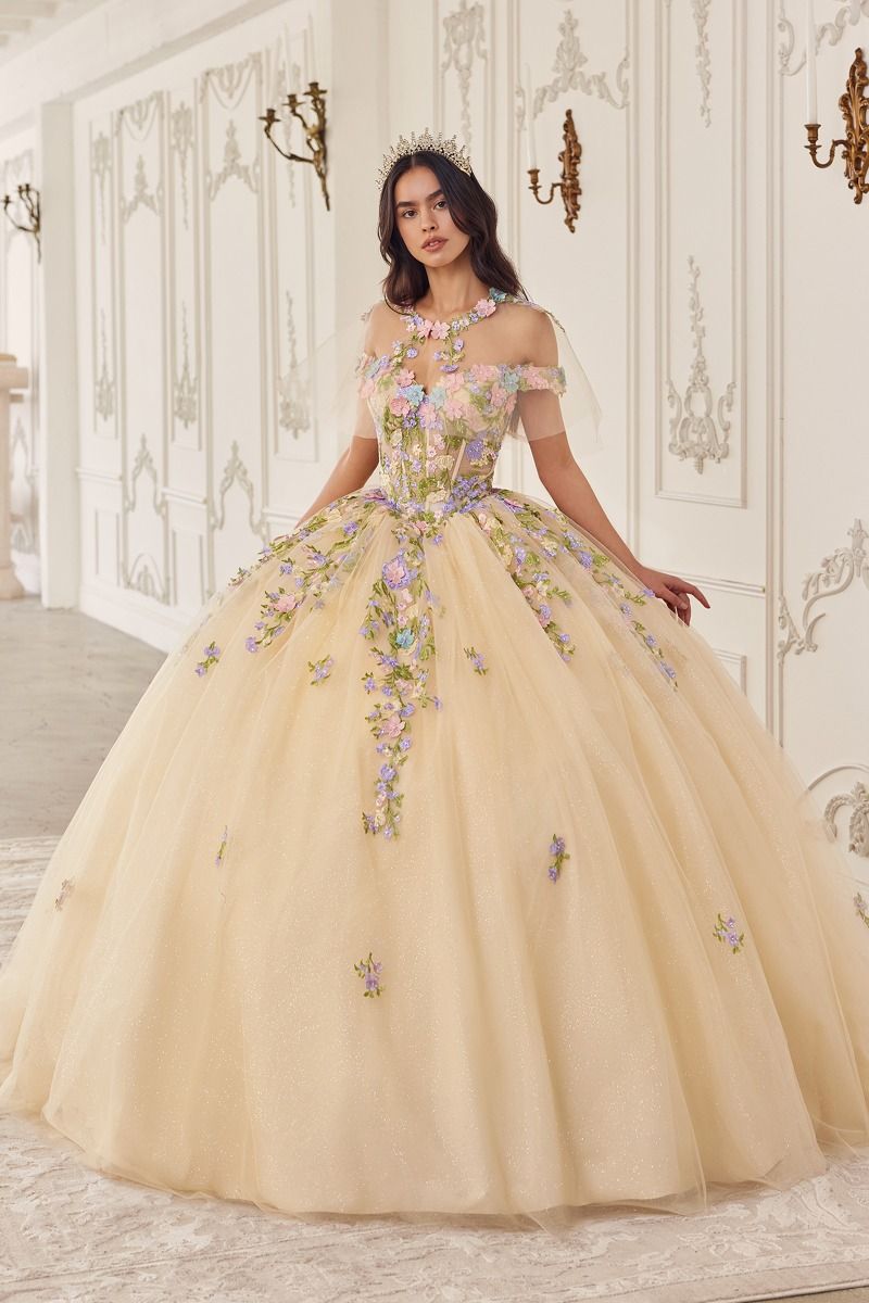 SAPHIRELLE Sheer Capelet Quinceañera Dress with floral appliques, off-shoulder neckline, ball gown Brisbane to Gold Coast.