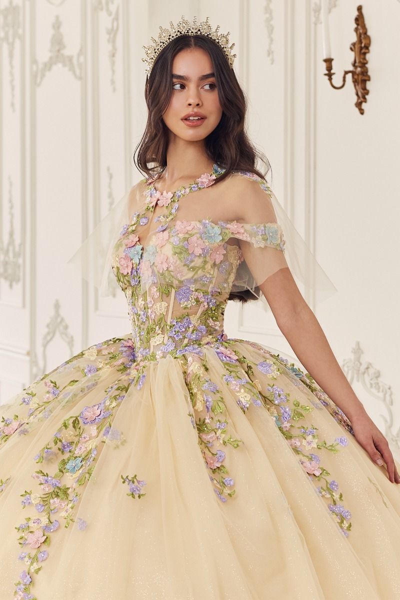 SAPHIRELLE Sheer Capelet Corset Applique Quinceañera Ball Gown. Floral tulle skirt, off-shoulder neckline. Brisbane to Gold Coast, Australia.