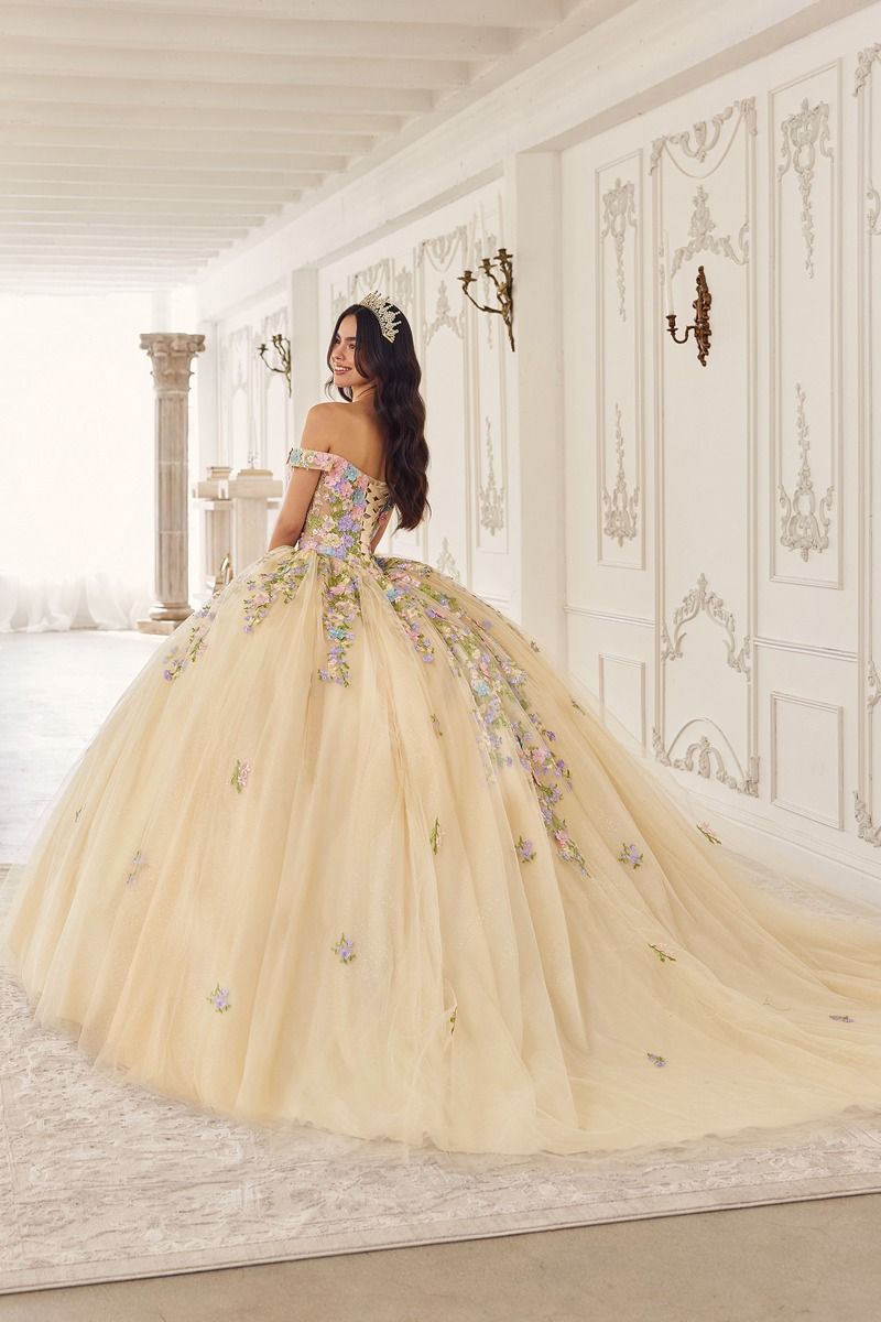 SAPHIRELLE champagne applique quinceañera gown with off-shoulder neckline and layered tulle skirt, Brisbane to Gold Coast, Australia.