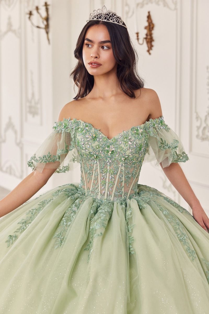 ANAVEL off-shoulder tulle ball gown featuring floral lace bodice and tulle bell sleeves, perfect for quinceañera. Brisbane to Gold Coast.