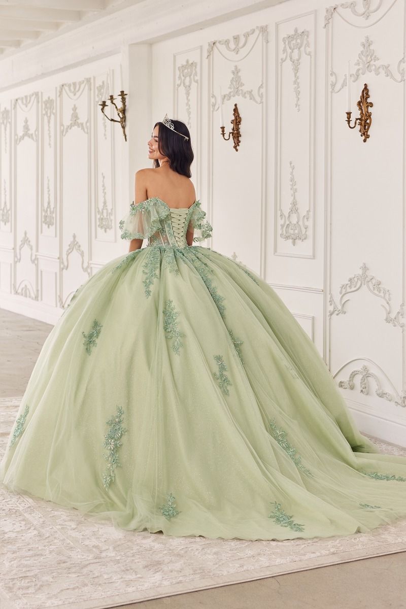 ANAVEL Off Shoulder sage green tulle ball gown with lace bodice, perfect for a quinceañera. Available from Brisbane to Gold Coast.