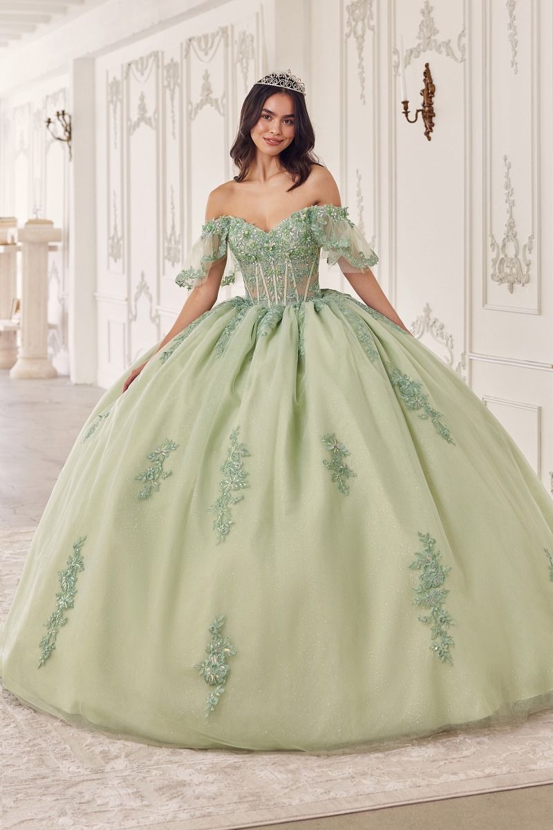 ANAVEL Off Shoulder sage tulle ball gown with lace bodice. Elegant quinceañera dress, Brisbane to Gold Coast, Australia.