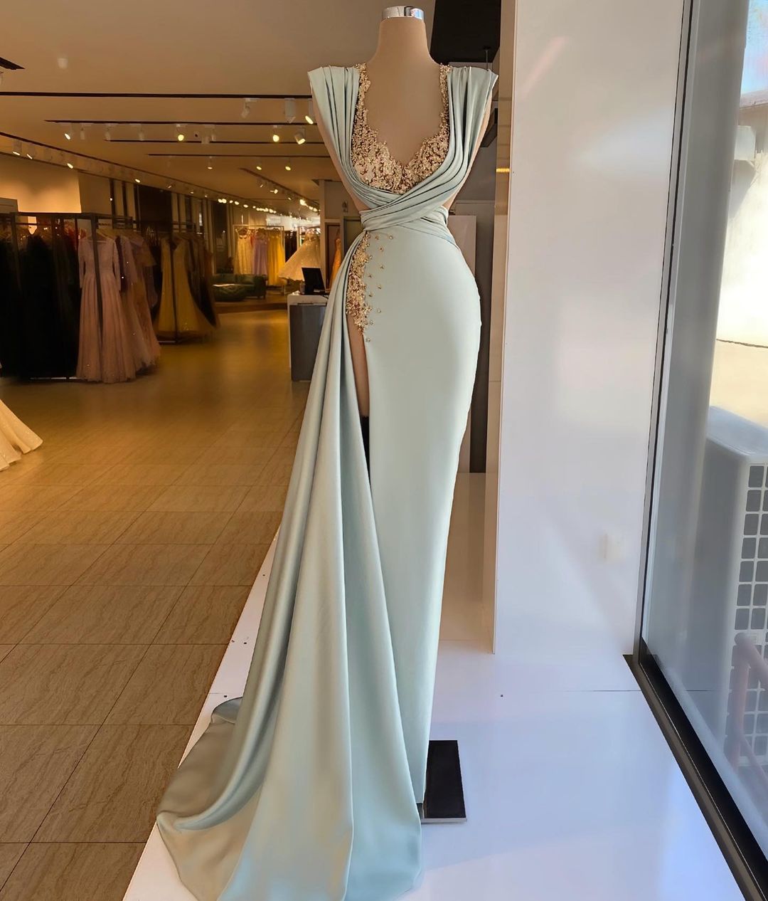 MINNA Fashion POWDER Light Blue Silky Sweetheart Neckline Rhinestone Detail Mermaid Formal Dress Blue / S EURO