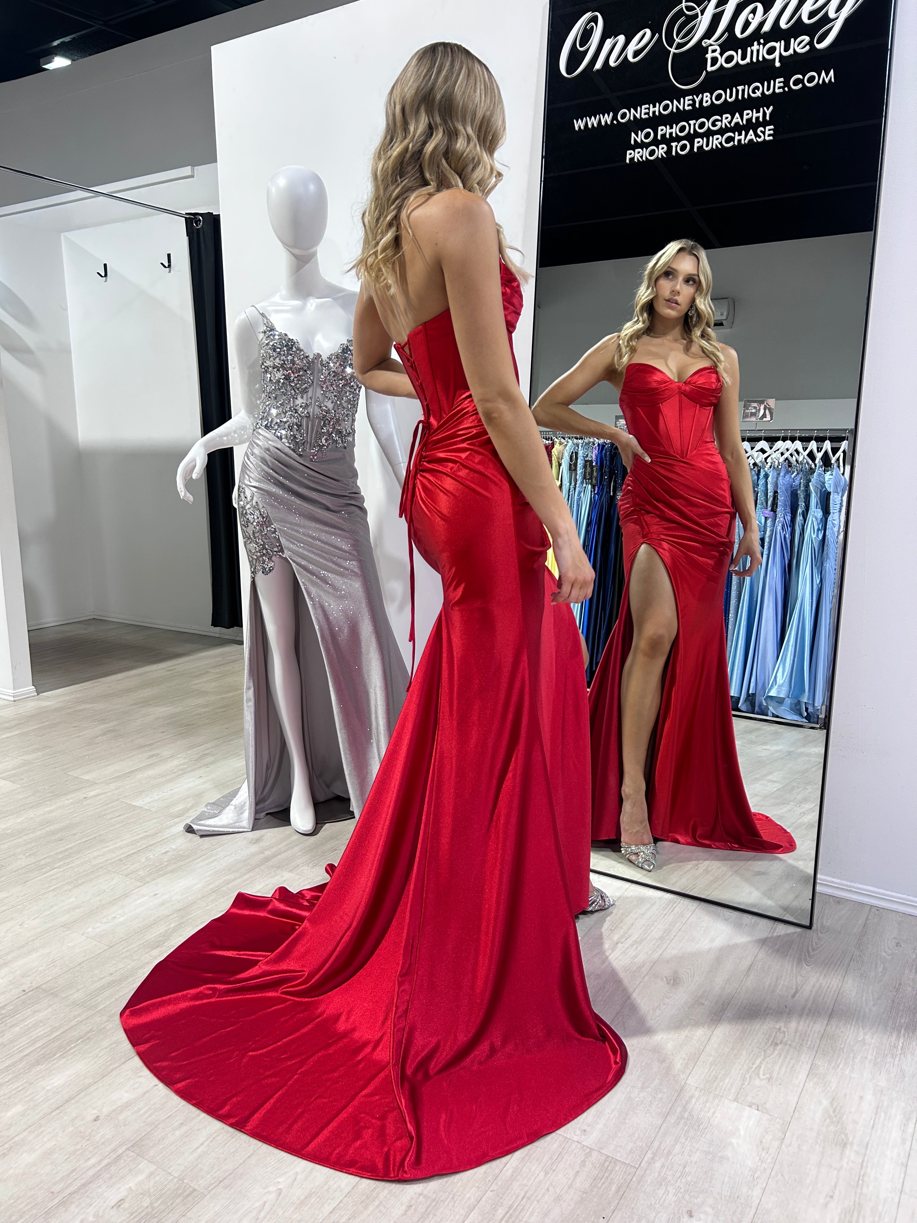 Honey Couture NOLANI red satin boned bustier mermaid prom dress with thigh-high split - Australian Formal Store elegance.