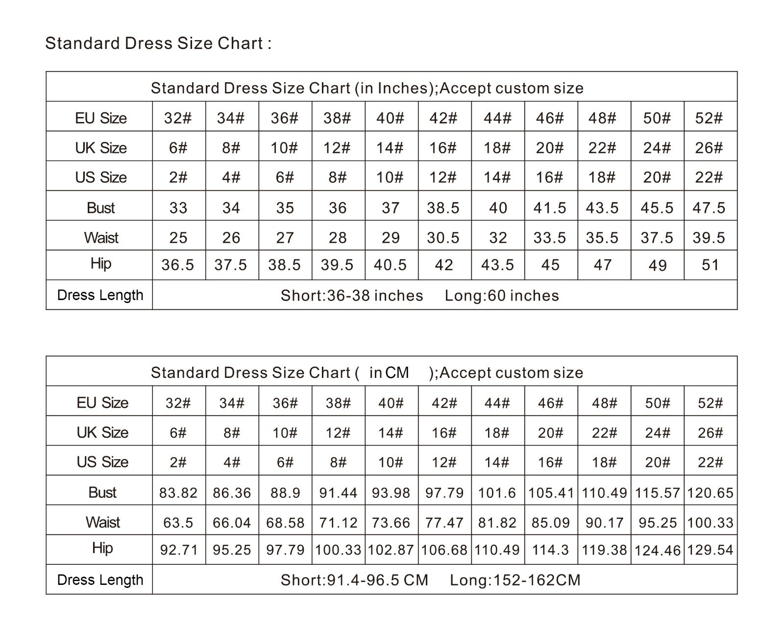 Standard dress size chart in inches and centimeters for EU, UK, US sizes, including bust, waist, hip measurements, and dress length.