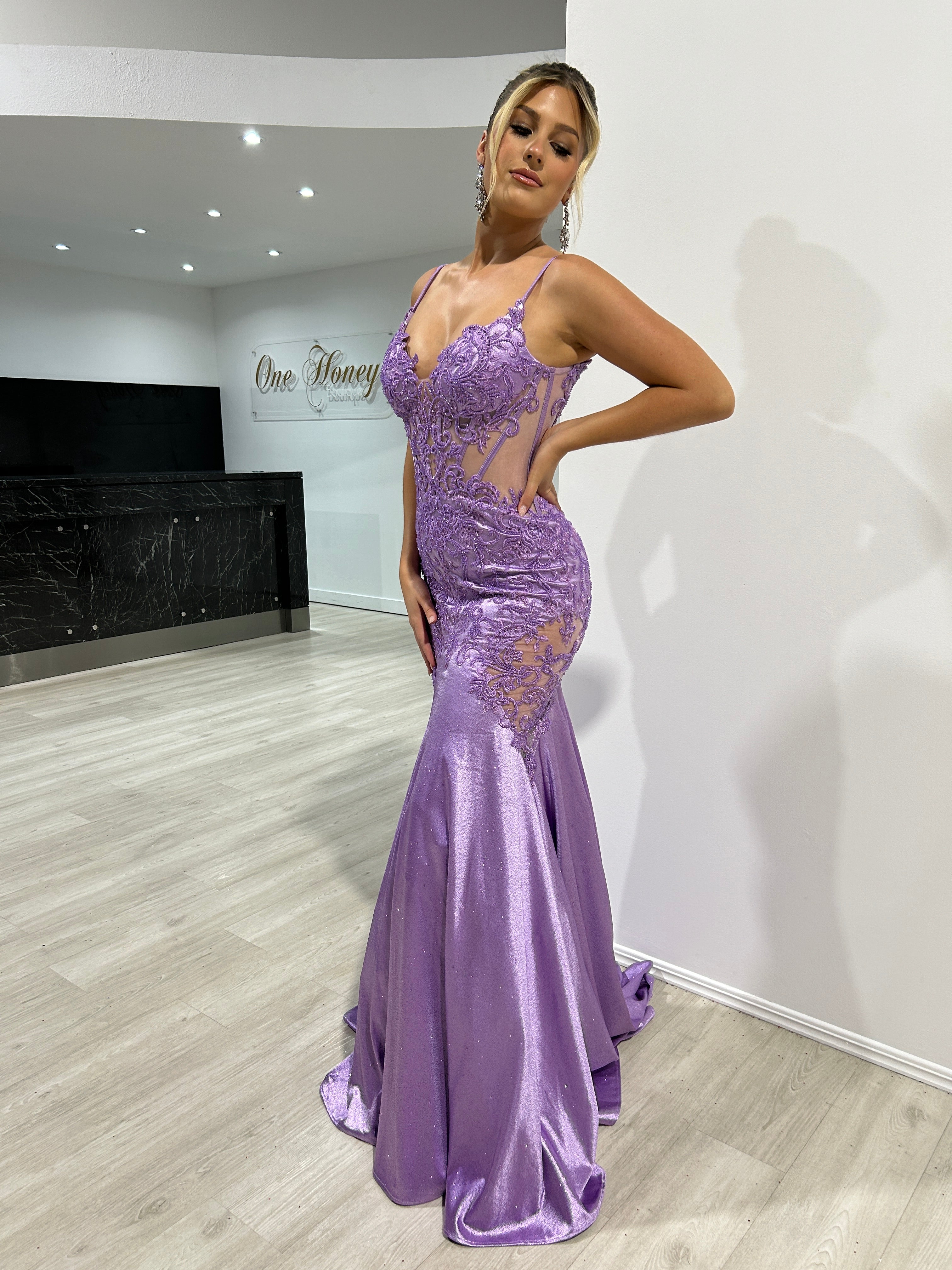 JEAN glitter and lace mermaid evening gown with intricate lace appliqués, perfect for events from Brisbane to Gold Coast.