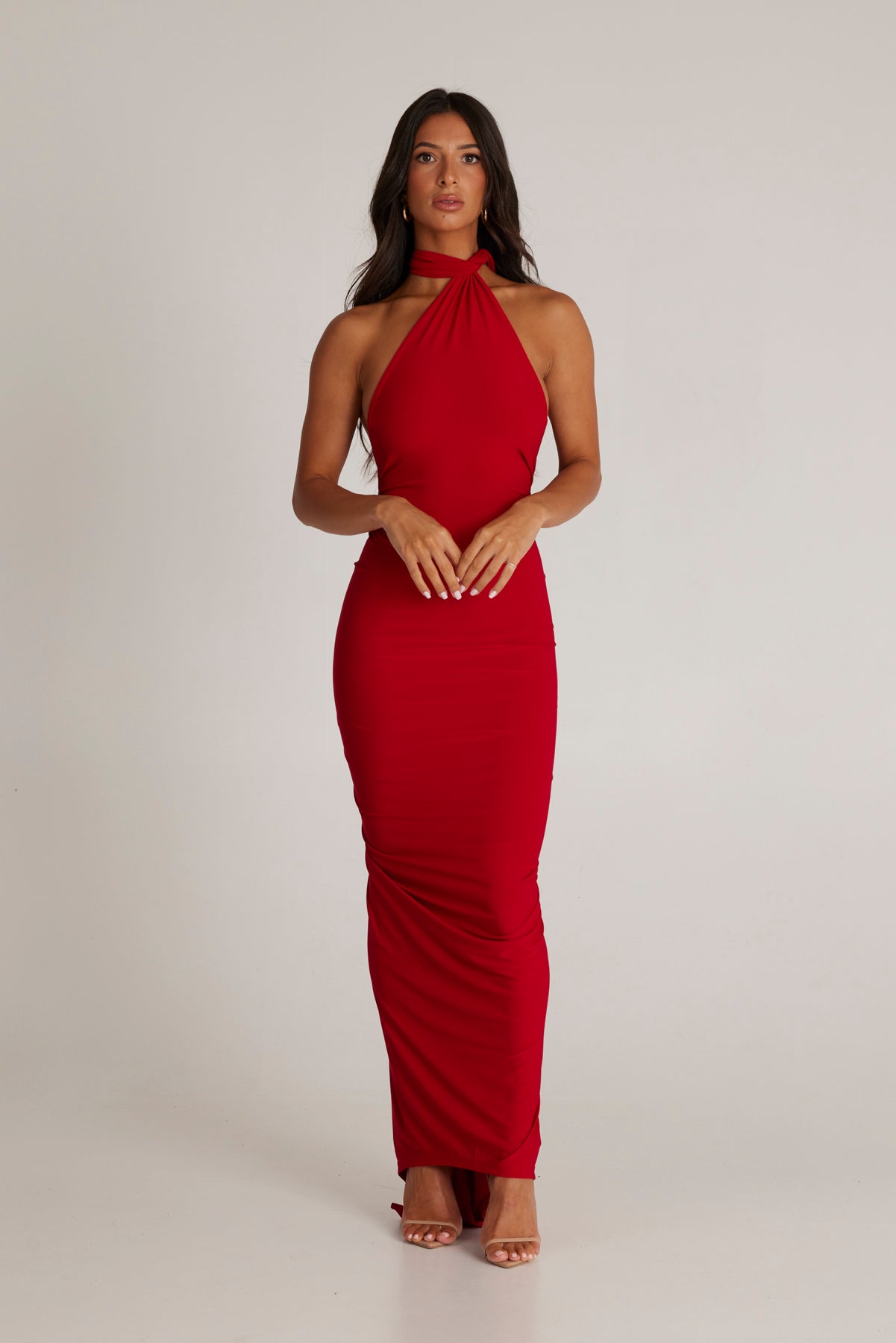 MÉLANI The Label CONSTANTINA Red Asymmetric Halterneck Midi Dress