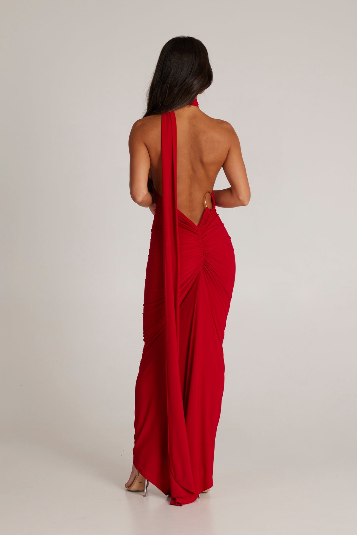 MÉLANI The Label CONSTANTINA Red Asymmetric Halterneck Midi Dress