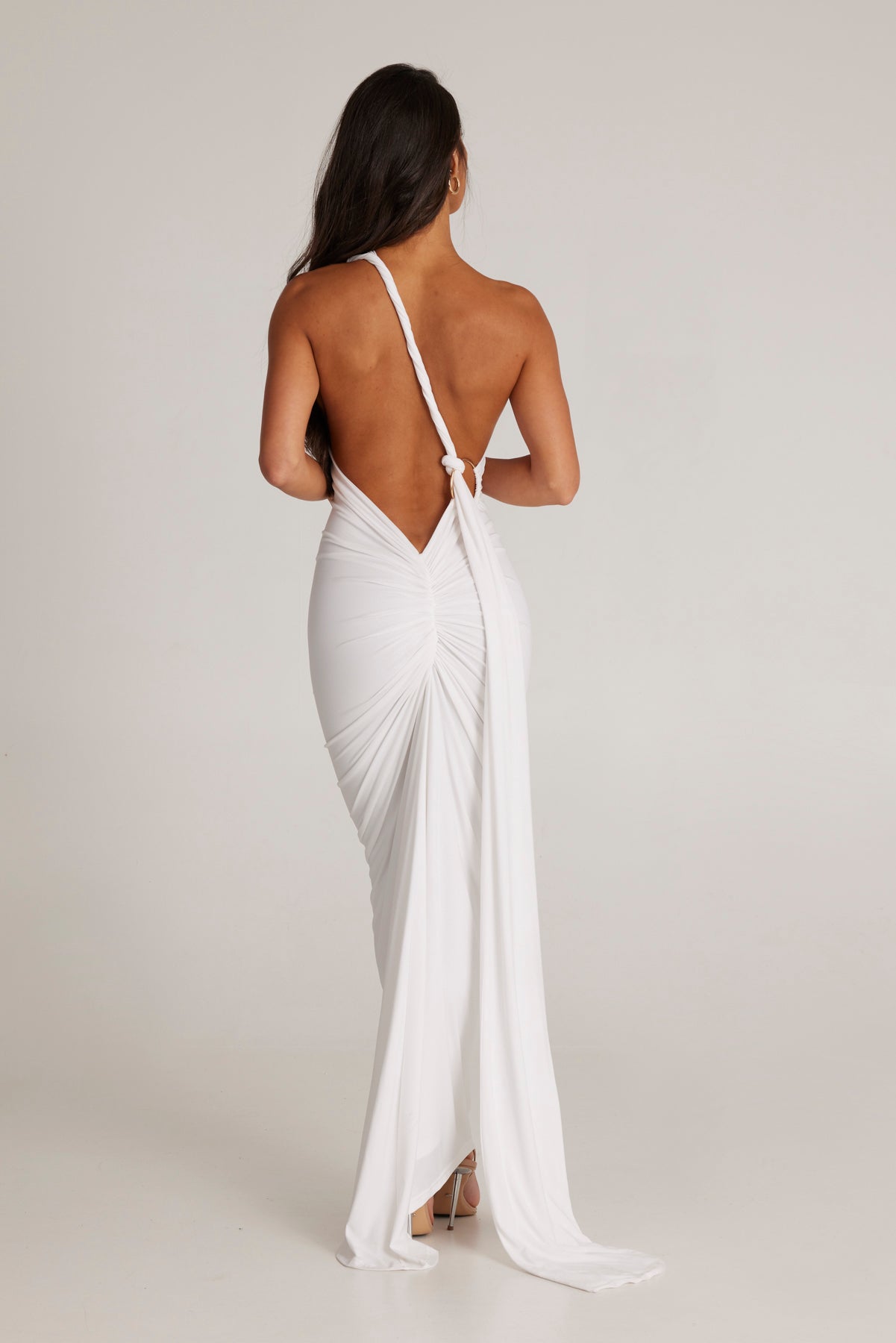 MÉLANI The Label CONSTANTINA White Asymmetric Halterneck Midi Dress