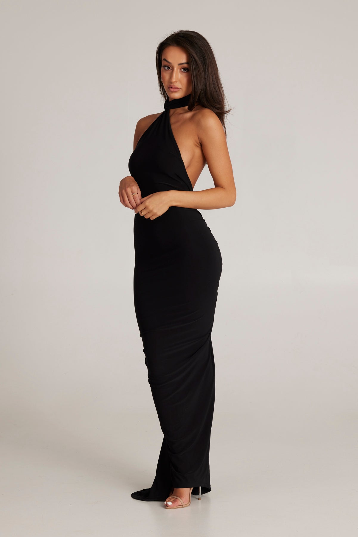 MÉLANI The Label CONSTANTINA Black Asymmetric Halterneck Midi Dress