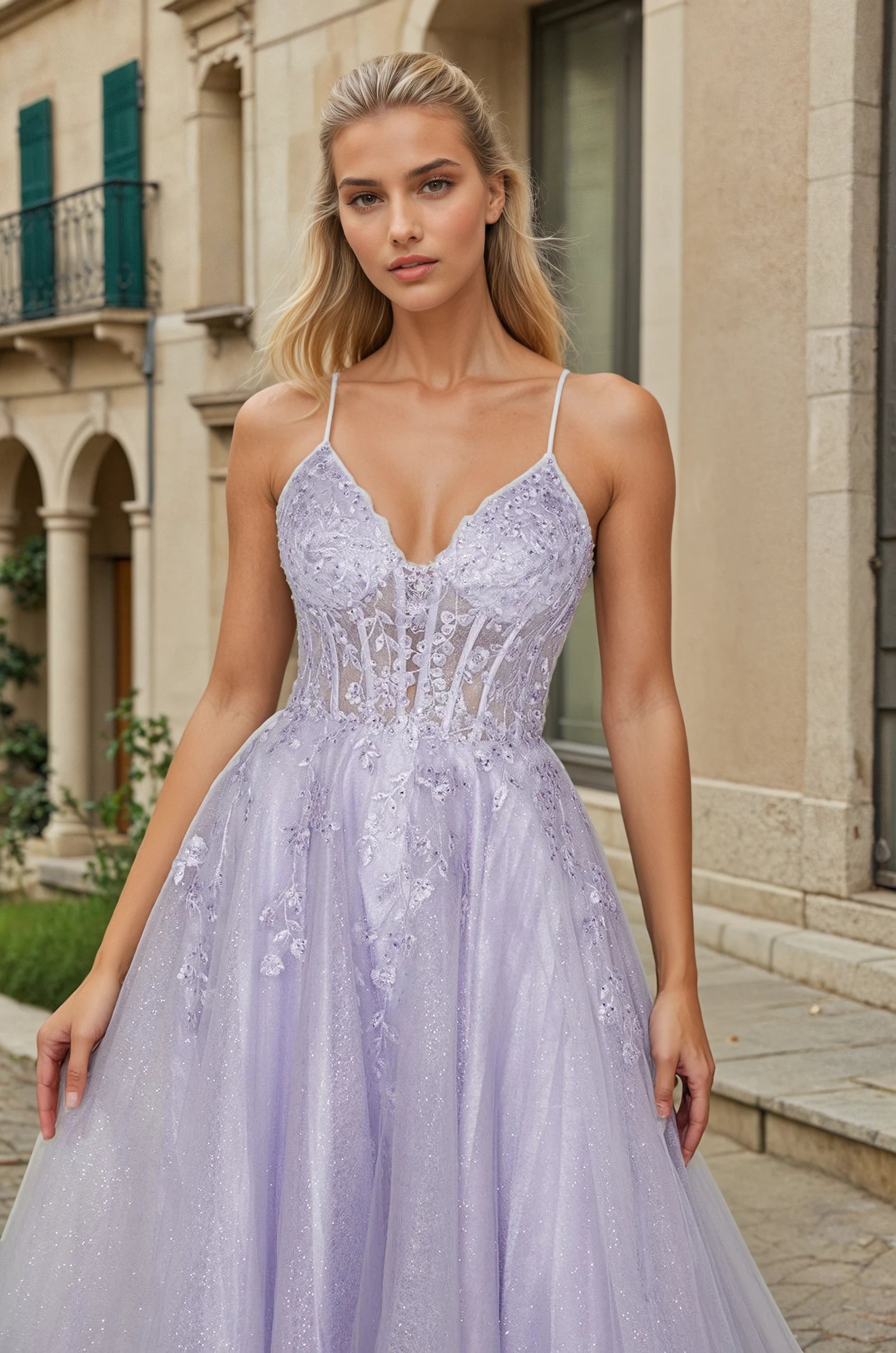 Honey Couture KAELA formal dress with lace and tulle, designer prom attire from Australian formal store, elegant city backdrop