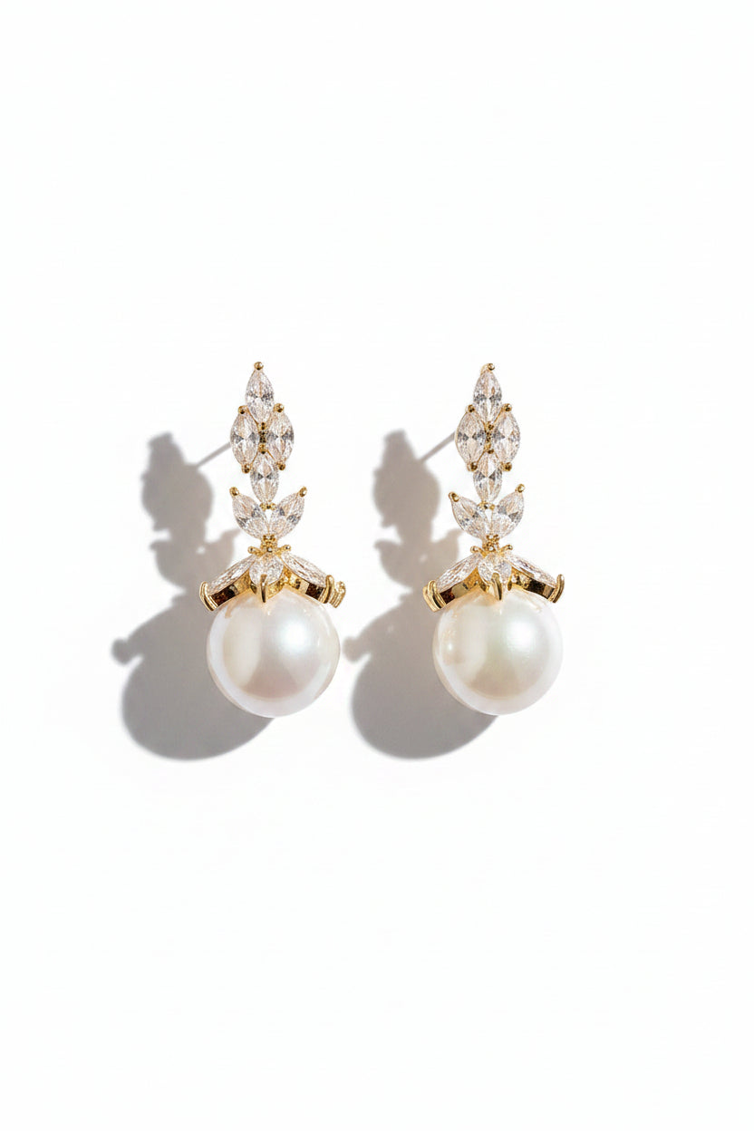 Honey Couture AURÉLIE Crystal Leaf Pearl Drop Earrings