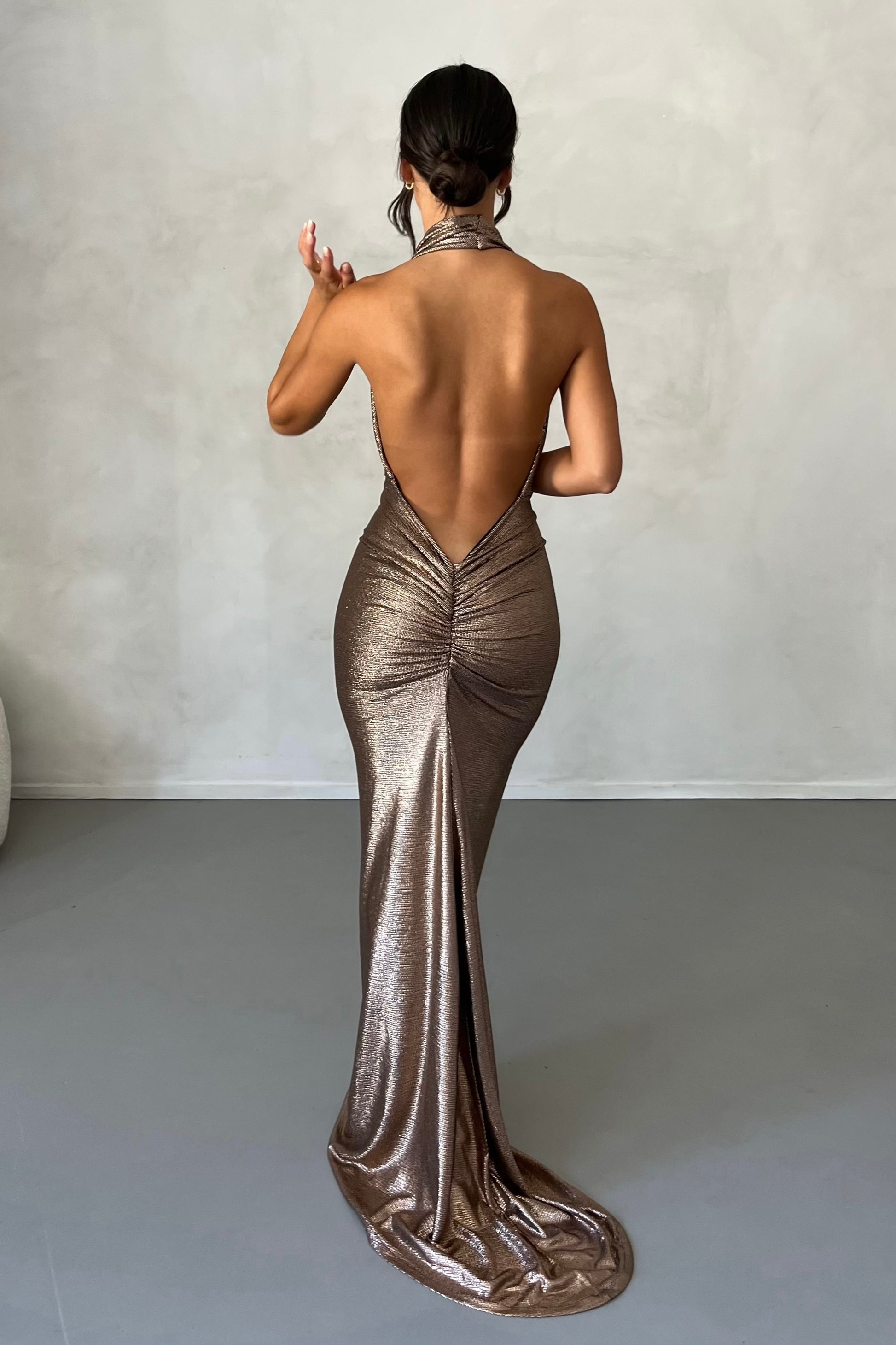 MÉLANI The Label MARIA Bronze Gold Foil Cowl Neck Open Back Dress