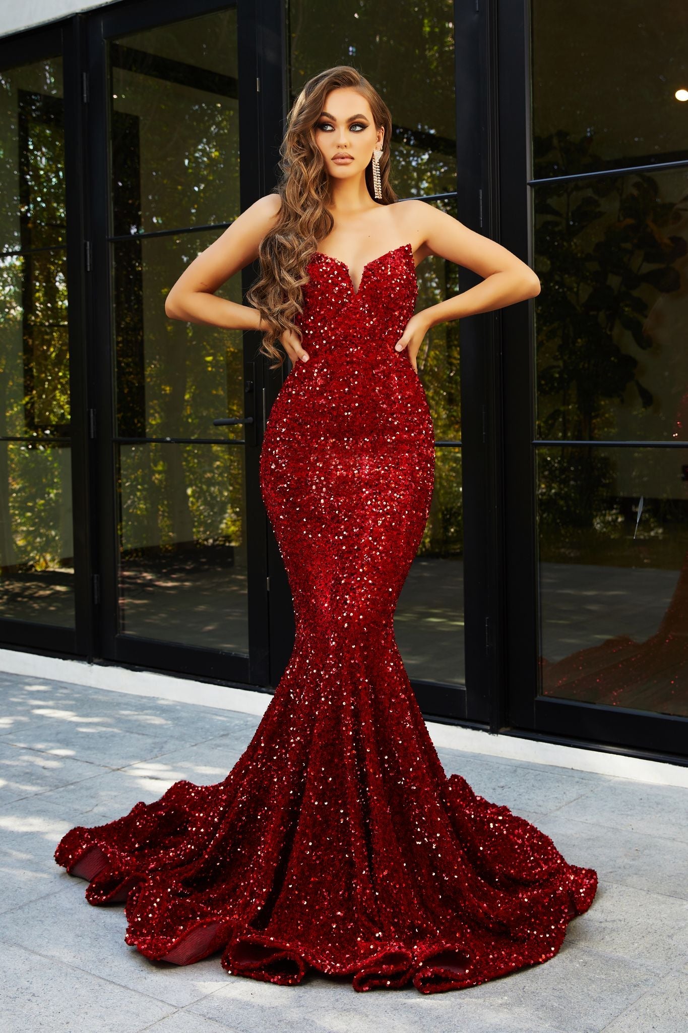 Portia & Scarlett PS21208 Red Strapless Sequin Mermaid Formal Gown
