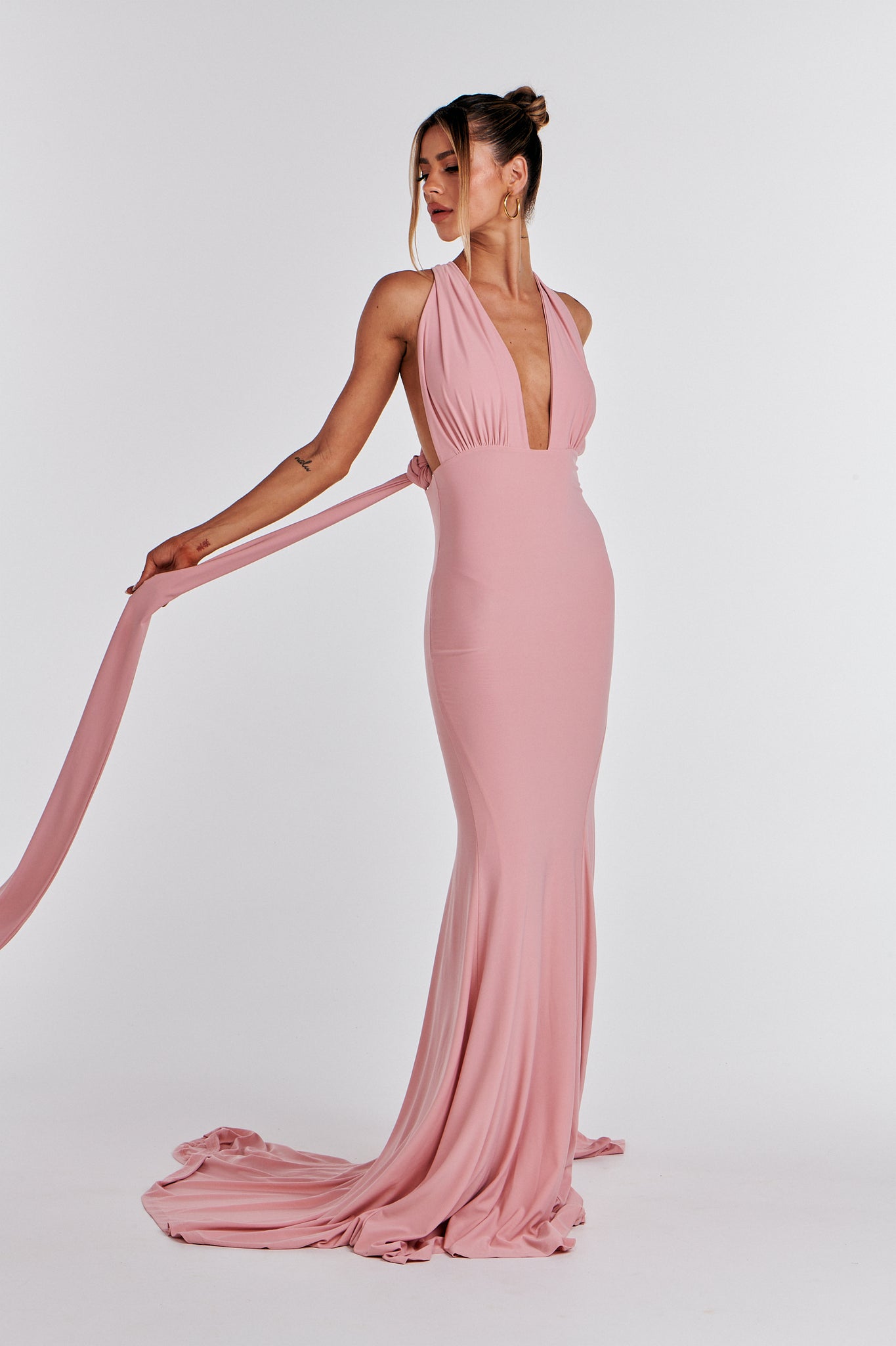 MÉLANI The Label ELIANA Blush Multi Tie Backless Bridesmaid Formal Gown