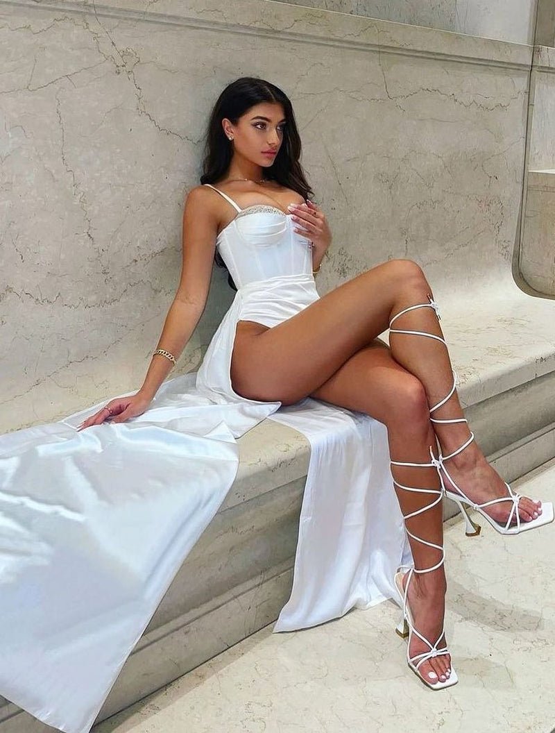 MC Chic CIAYRA Vanity Satin White Corset Leg Split Formal Gown in Australia | One Honey Boutique