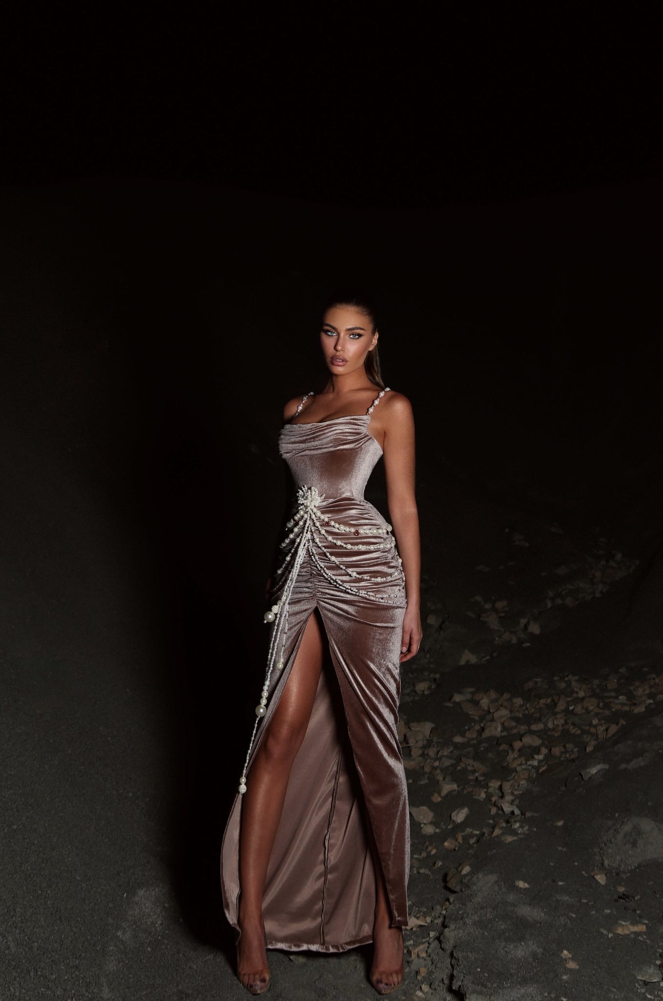 MINNA Fashion BROWNIE Beige Velvet With Pearl Detail Leg Split Mermaid Formal Dress Beige / S EURO