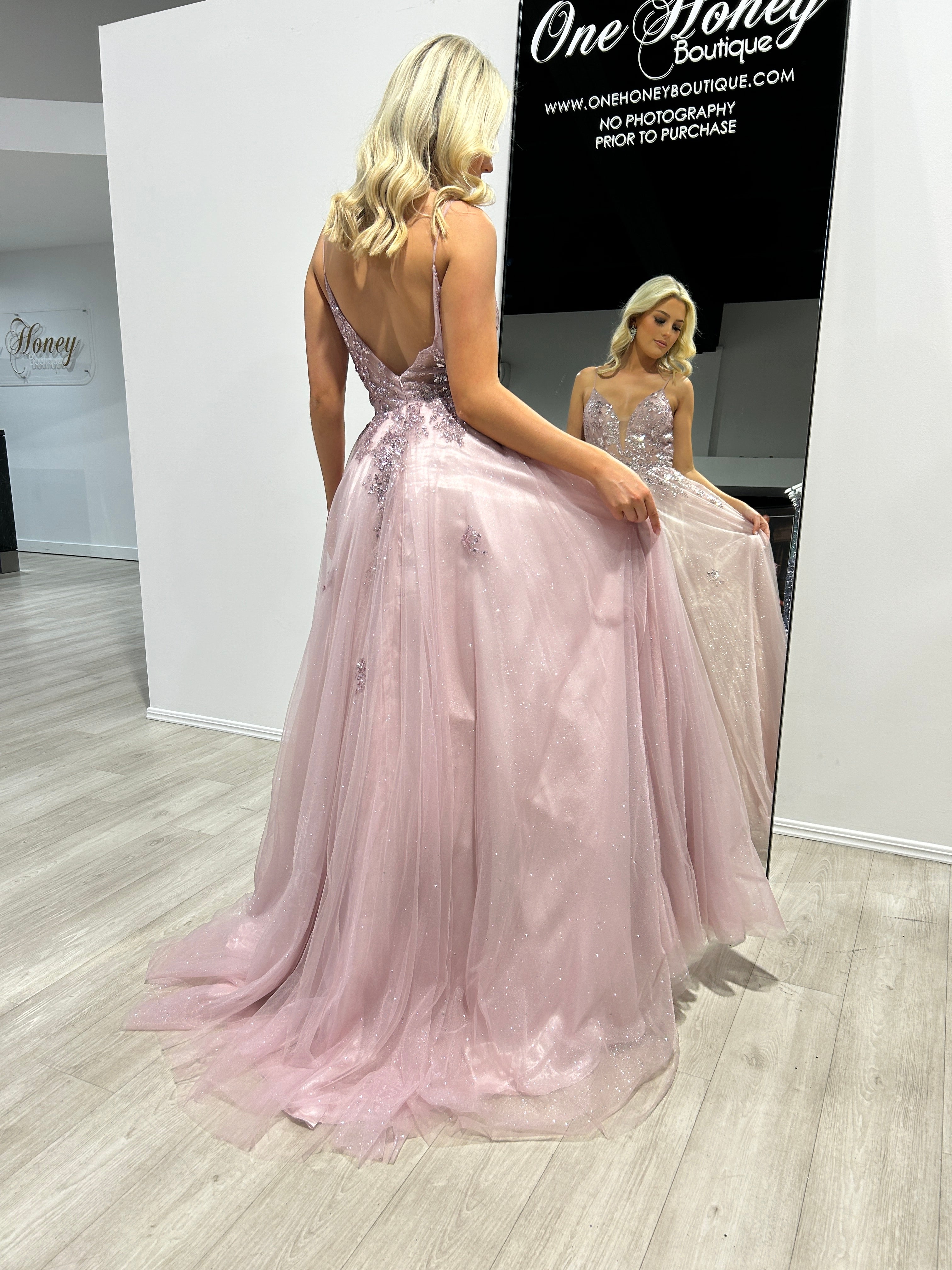 Honey Couture IRENA Dusty Rose Tulle Glitter A Line Formal Dress from Australian Designer, perfect for prom and evening events.