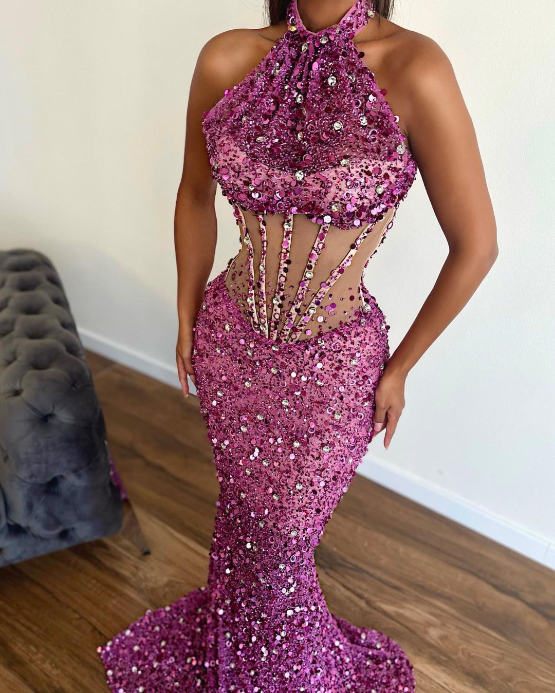 MINNA Fashion AUGUSTA Pink Sequin Halter Neck Mermaid Formal Dress in Australia | One Honey Boutique