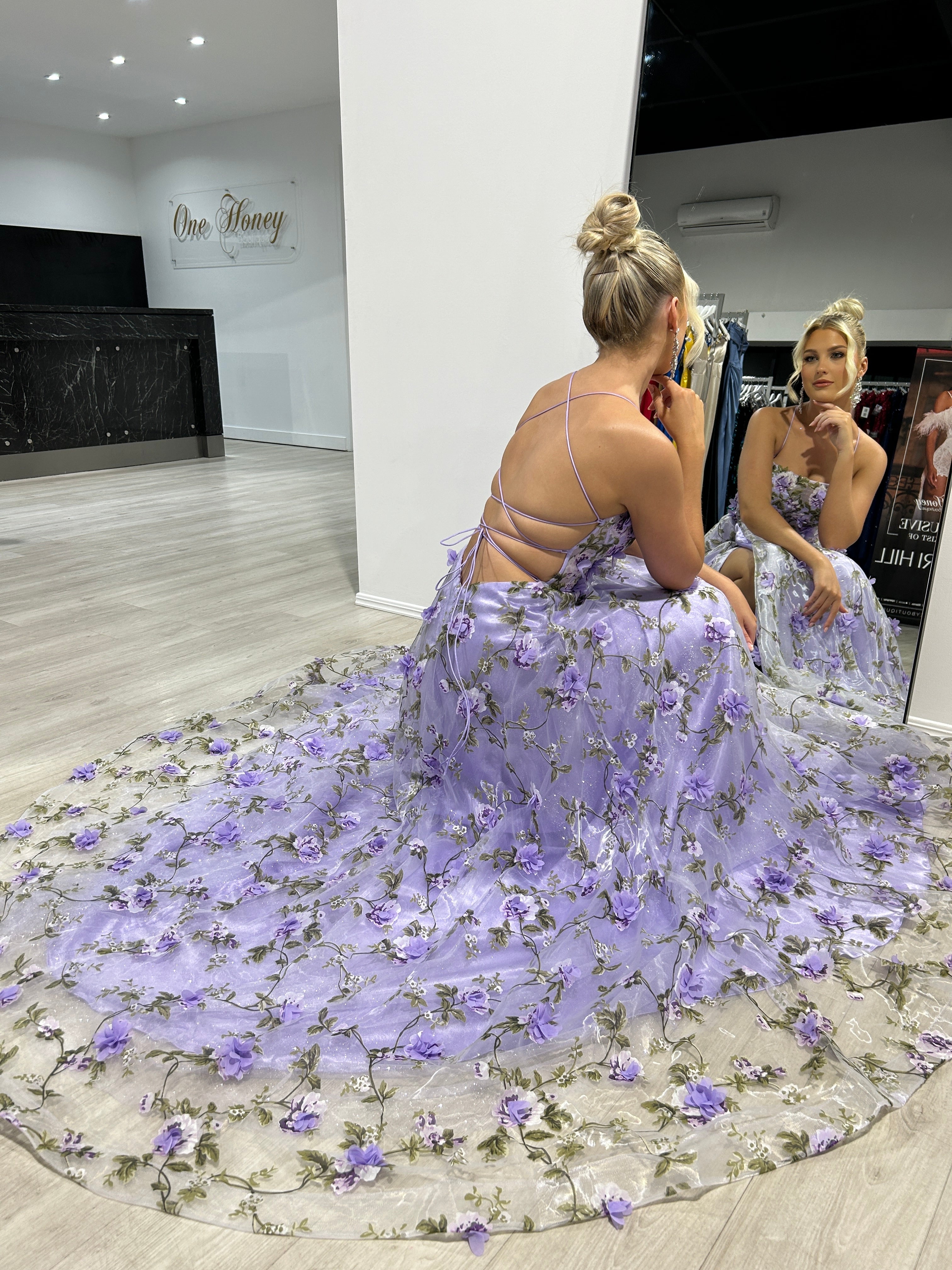 PORTAFINA gown with lavender floral organza and lace-up back, perfect for formal events. Brisbane to Gold Coast, Australia.