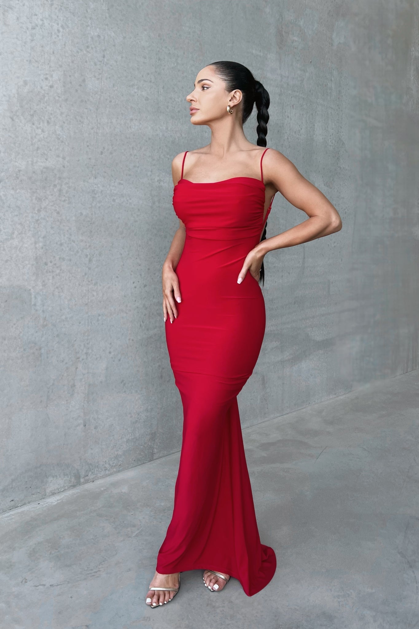 MÉLANI The Label CELINA Red Bum Ruched Backless Dress