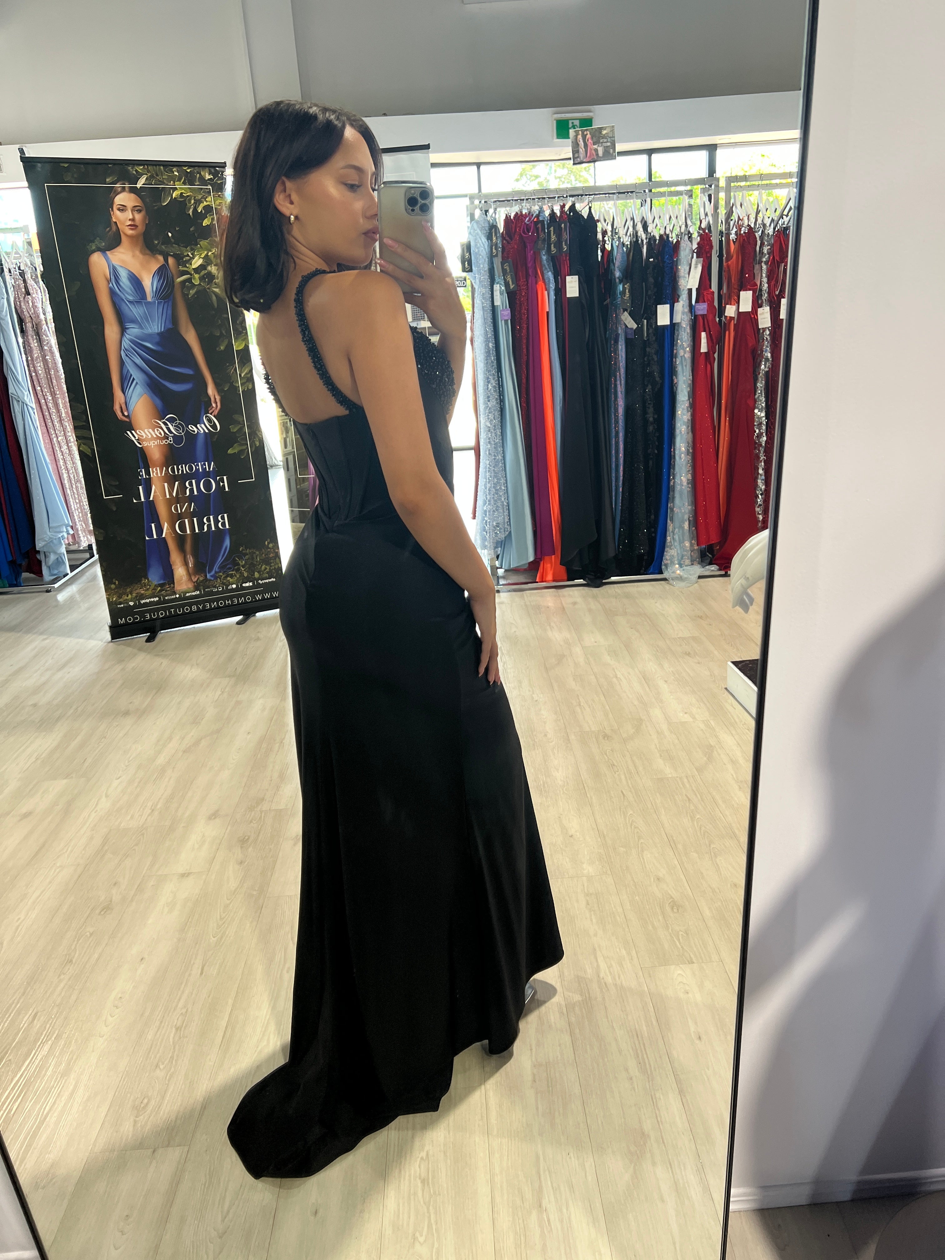 ELVIE Beaded Bustier Prom Dress with Boned Waist. Elegant fitted gown with intricate beadwork, perfect for formal occasions. Brisbane to Gold Coast.