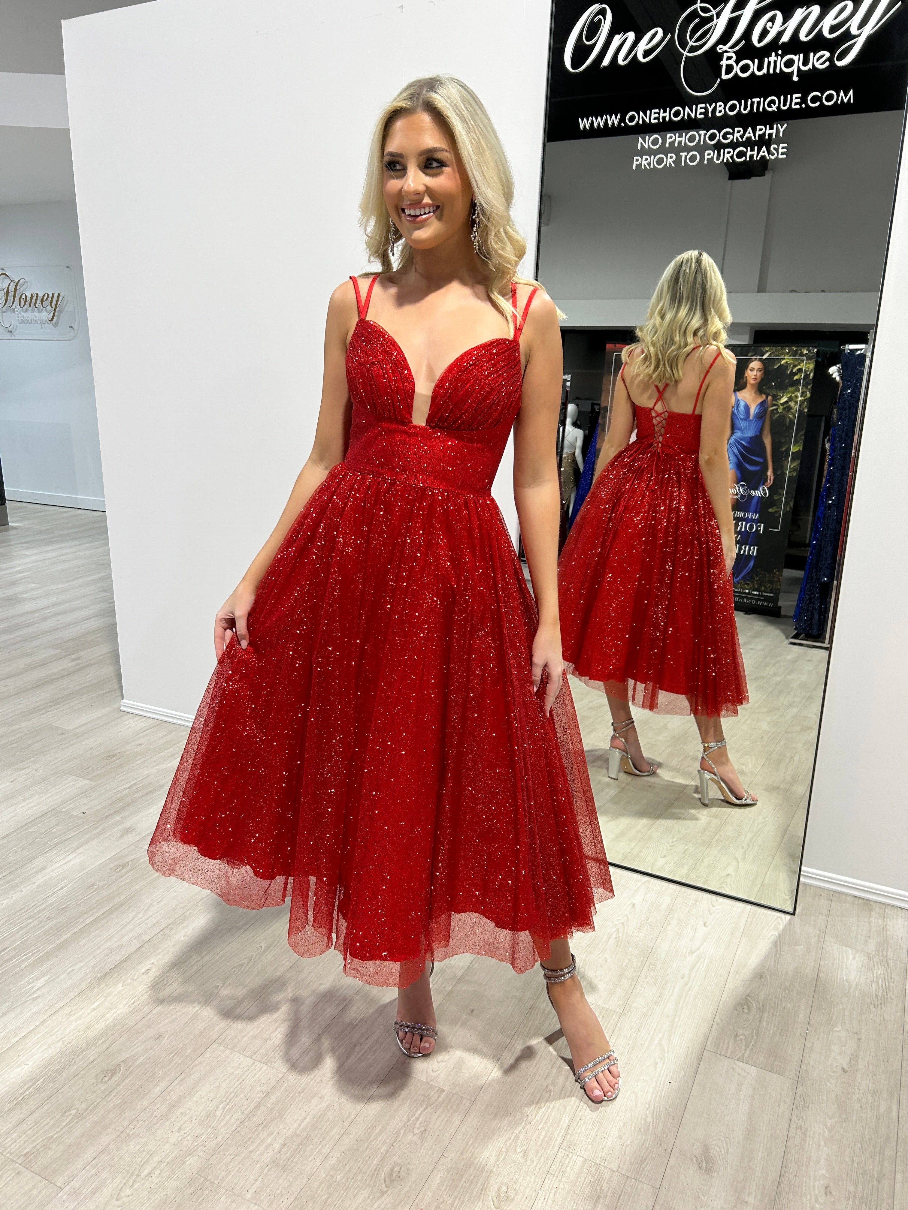 CAM Glitter Tea Length Ball Gown with glitter bodice and layered tulle skirt, corset back, formal dress. Brisbane to Gold Coast Australia.