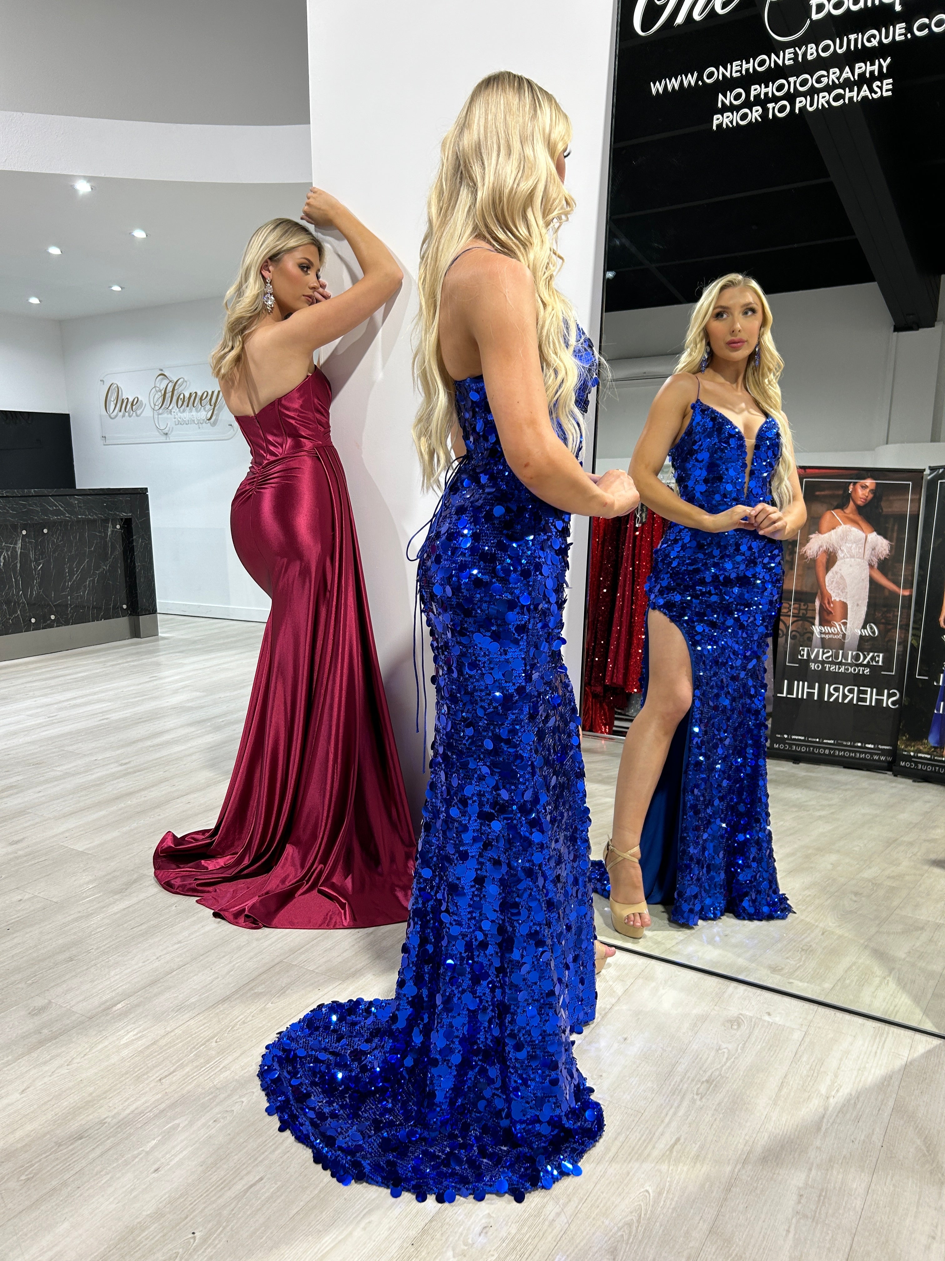 MADONNA Sequin Mermaid Gown with leg split, perfect for formal or prom events. Captivating blue paillette design. Brisbane to Gold Coast.